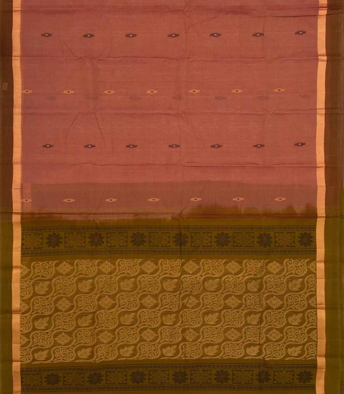 RmKV Chestnut Pink Handloom Village Cotton Saree With Floral Buttas. - view 2