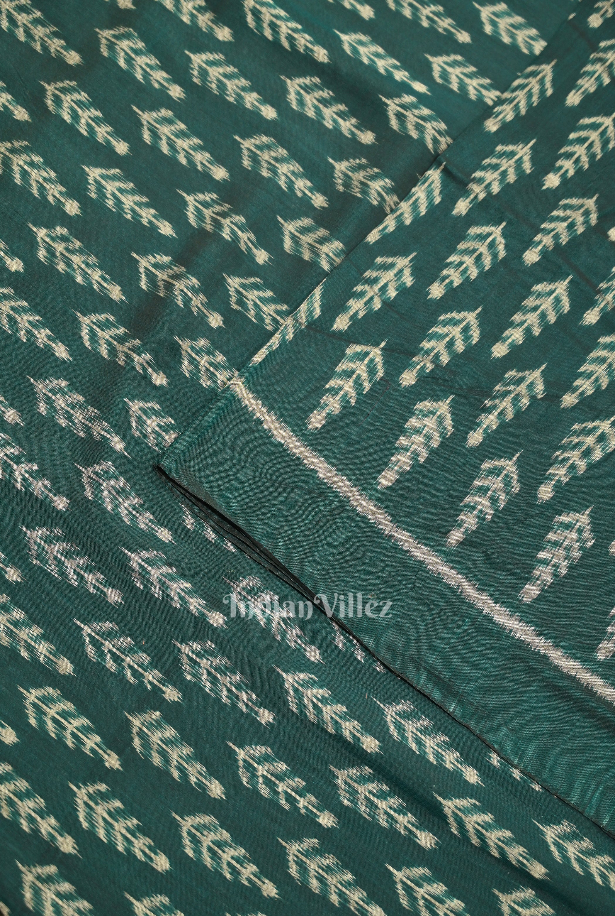 IndianVillèz Dark Green Leaf Motif Sambalpuri Odisha Ikat Cotton Fabric - view 2