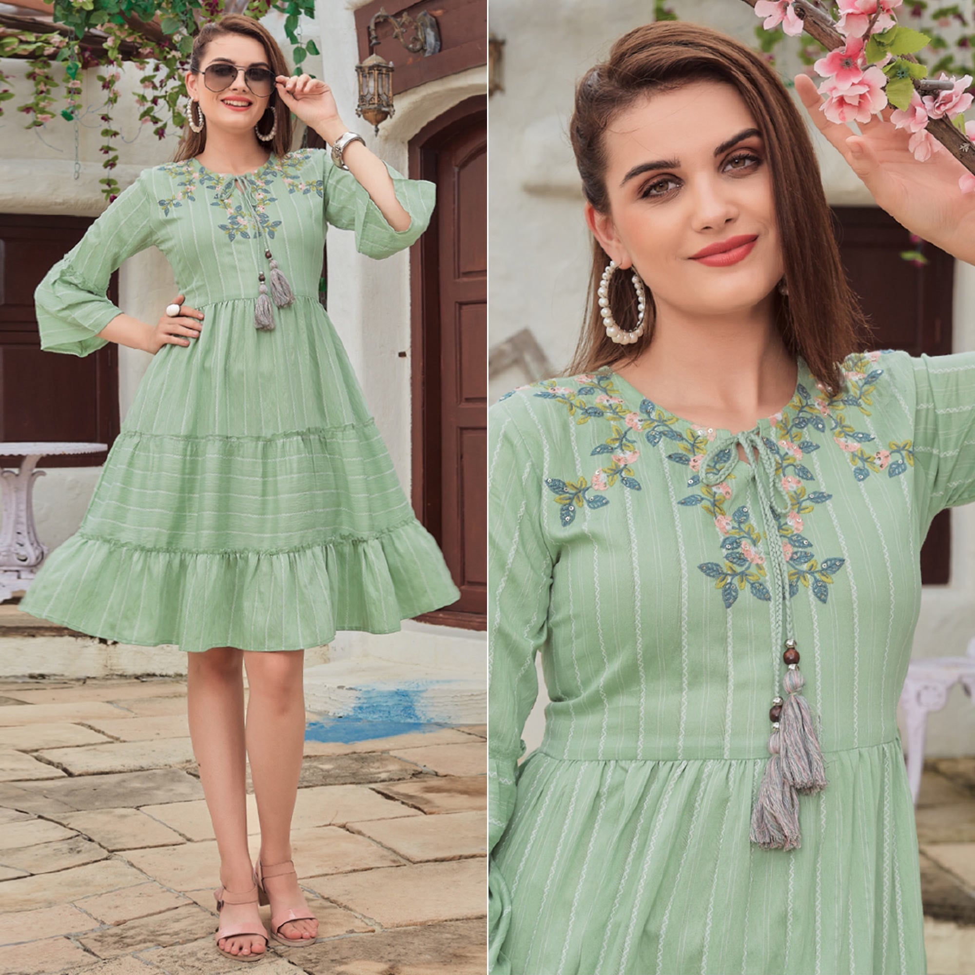 Green dresses – BlackTree green-floral-embroidered-rayon-dress