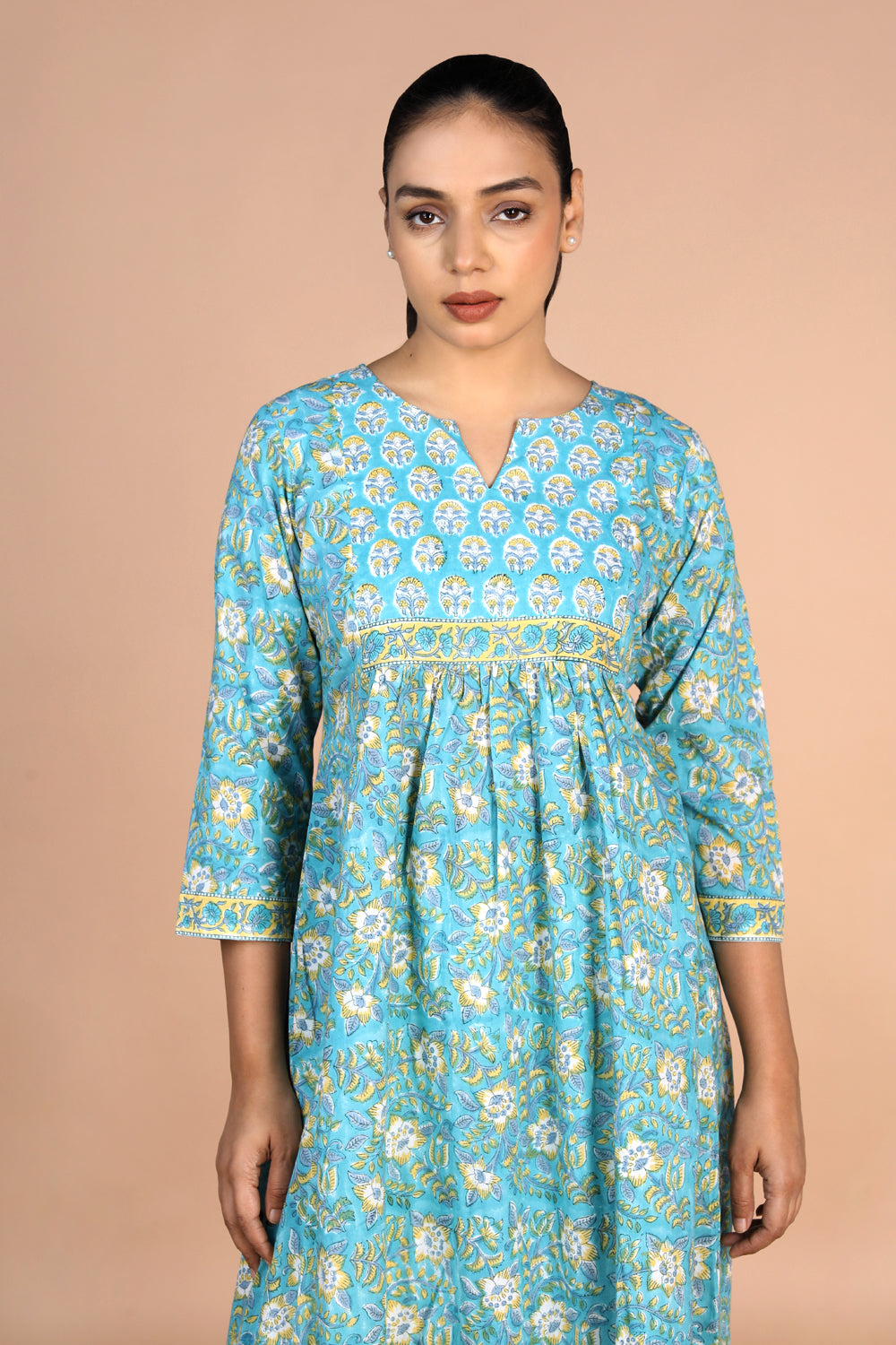 Kalanjali Ethnics Floral sky blue Sanganeri handblock printed cotton Kurti - view 5