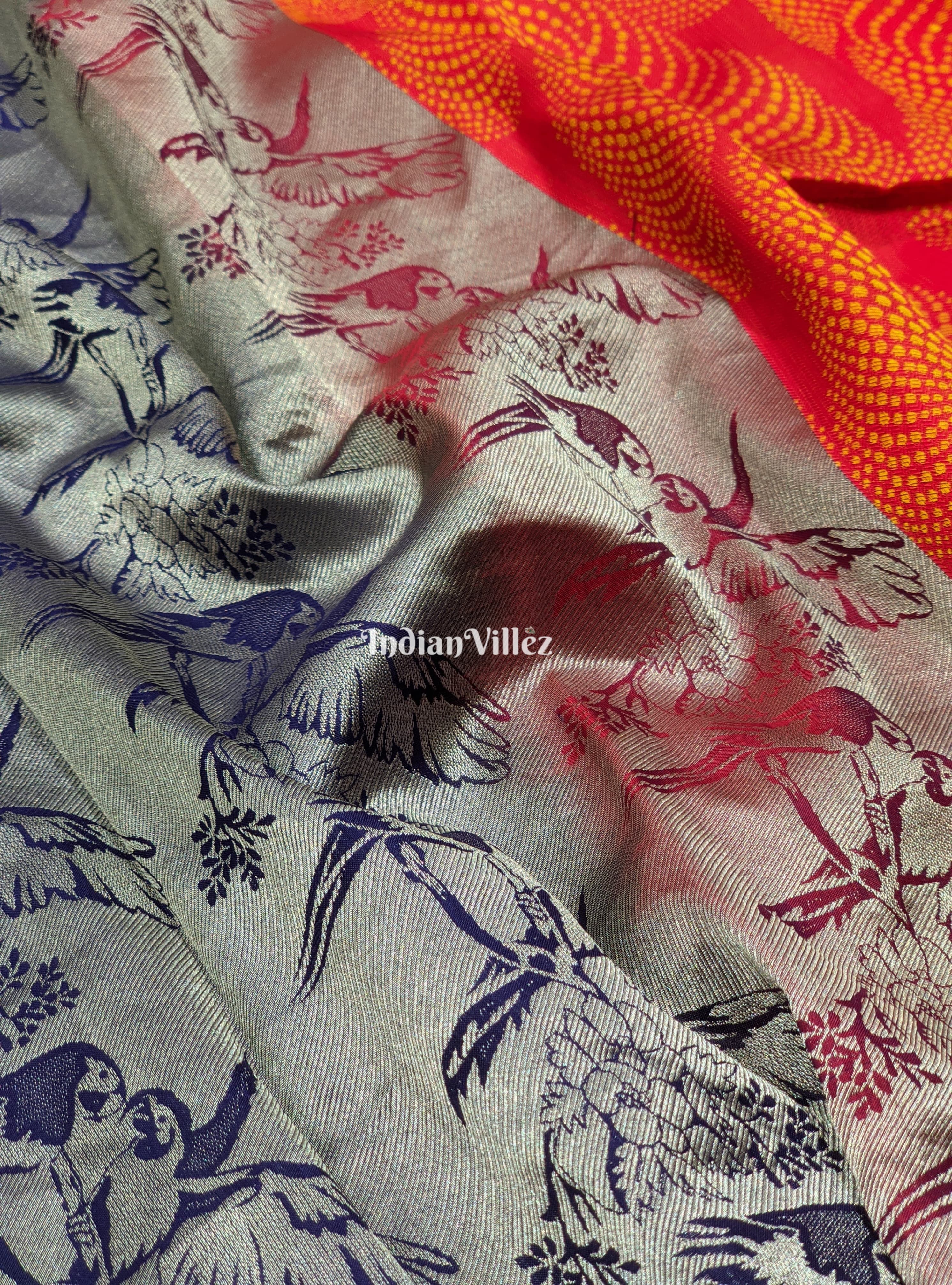 IndianVillèz Red Orange Forest Theme Pure Kanchipuram Silk Saree - view 3