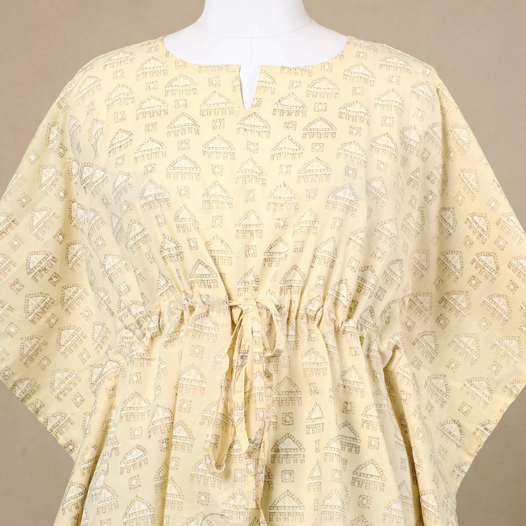 CHUTNEY CRAFT STUDIO Beige - Hand Block Printed Cotton Kaftan with Tie-Up Waist (Short) - view 2