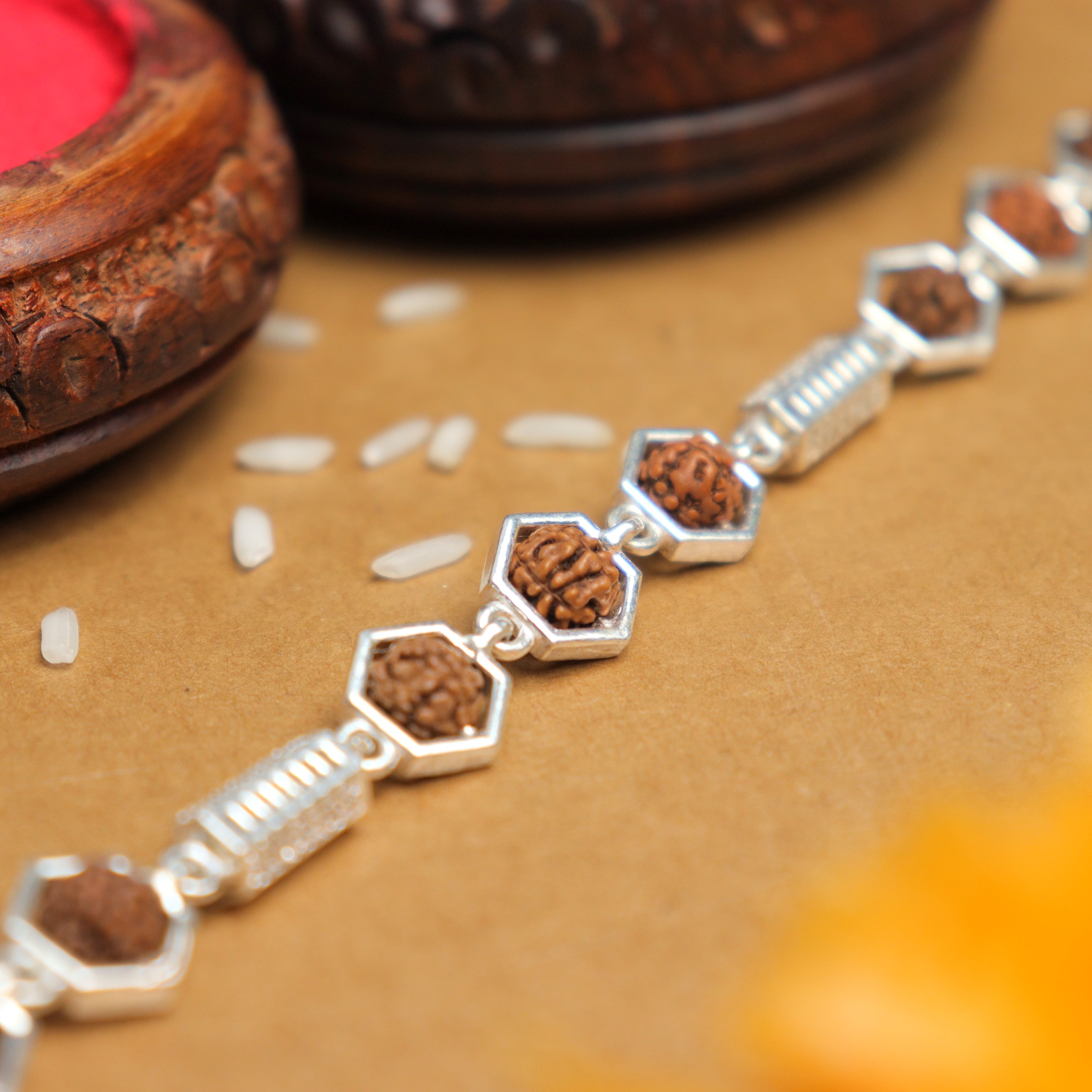 Prinjal Jewellers Silver Rakhi with Hexagon Rudraksha Beads
