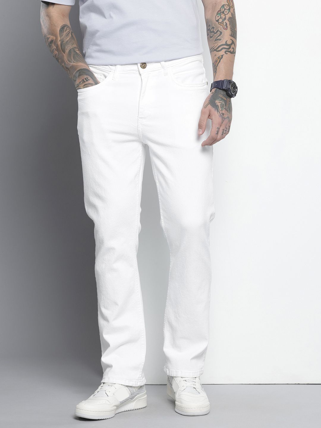 The Indian Garage Co Men's White Bootcut Solid Stretchable Jeans
