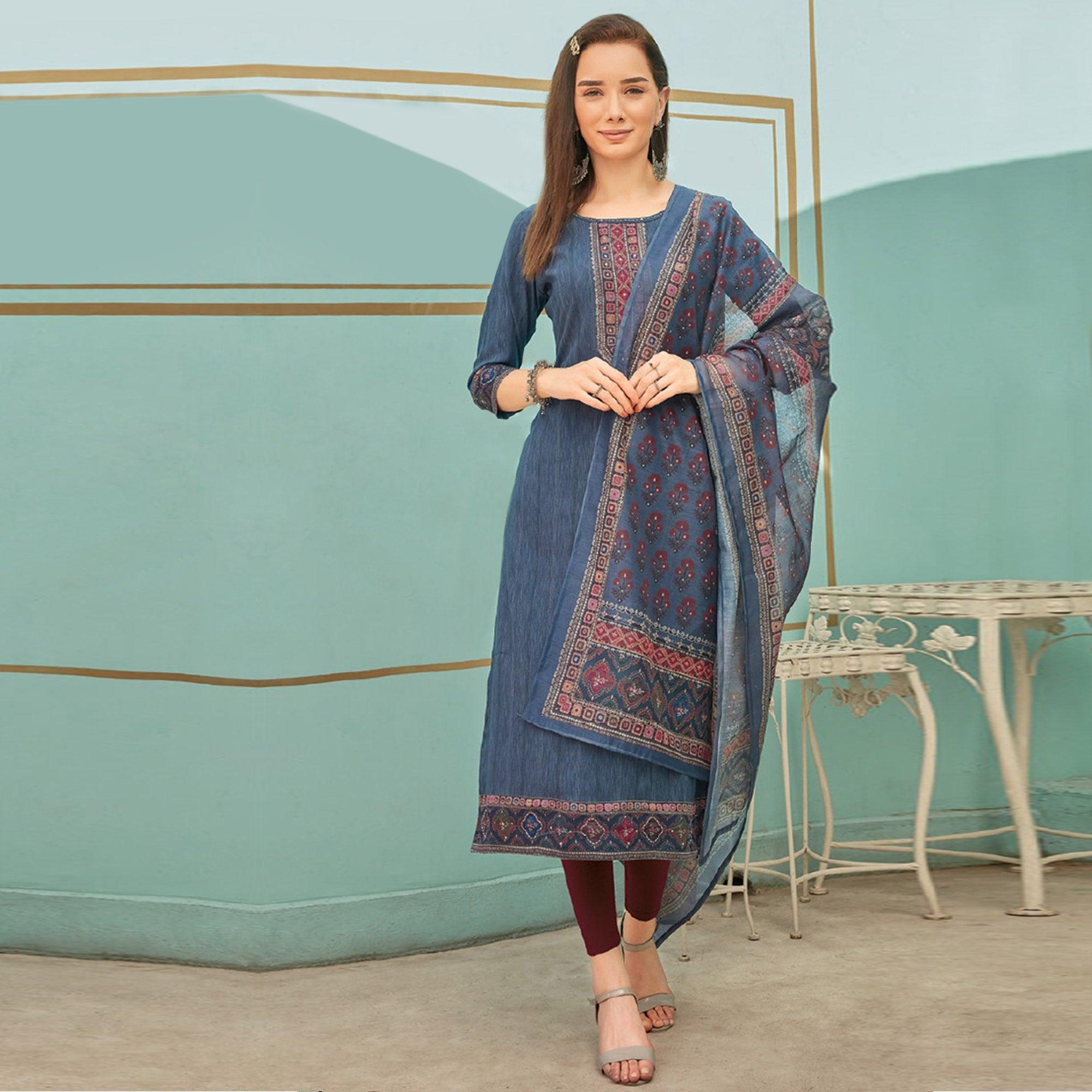 Peachmode Seller Grey Printed With Embroidery Tapetta Silk Kurti With Dupatta - view 2