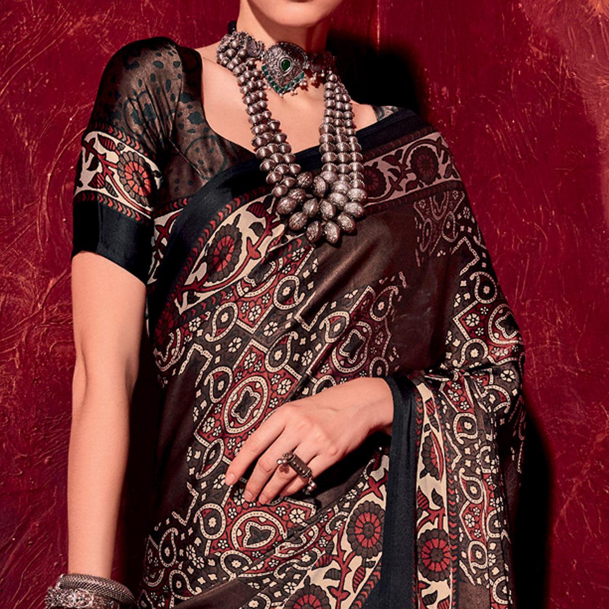 Peachmode Dark Brown Printed Satin Saree – Women's - view 2