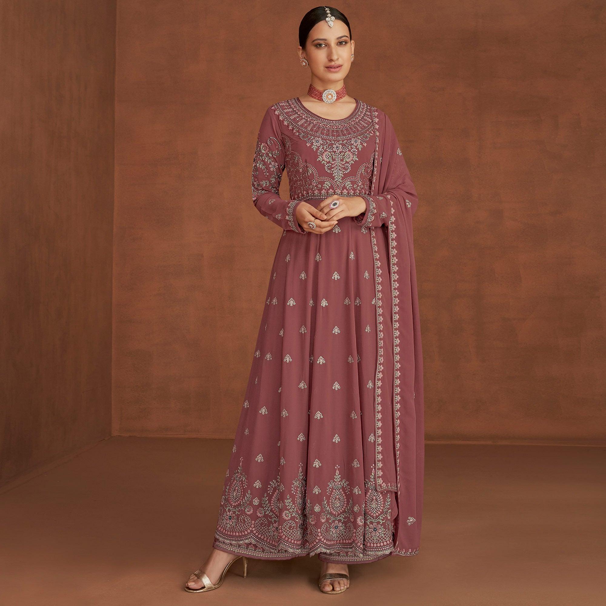 Peachmode Seller Mauve Embellished With Embroidered Georgette Palazzo Suit - view 2