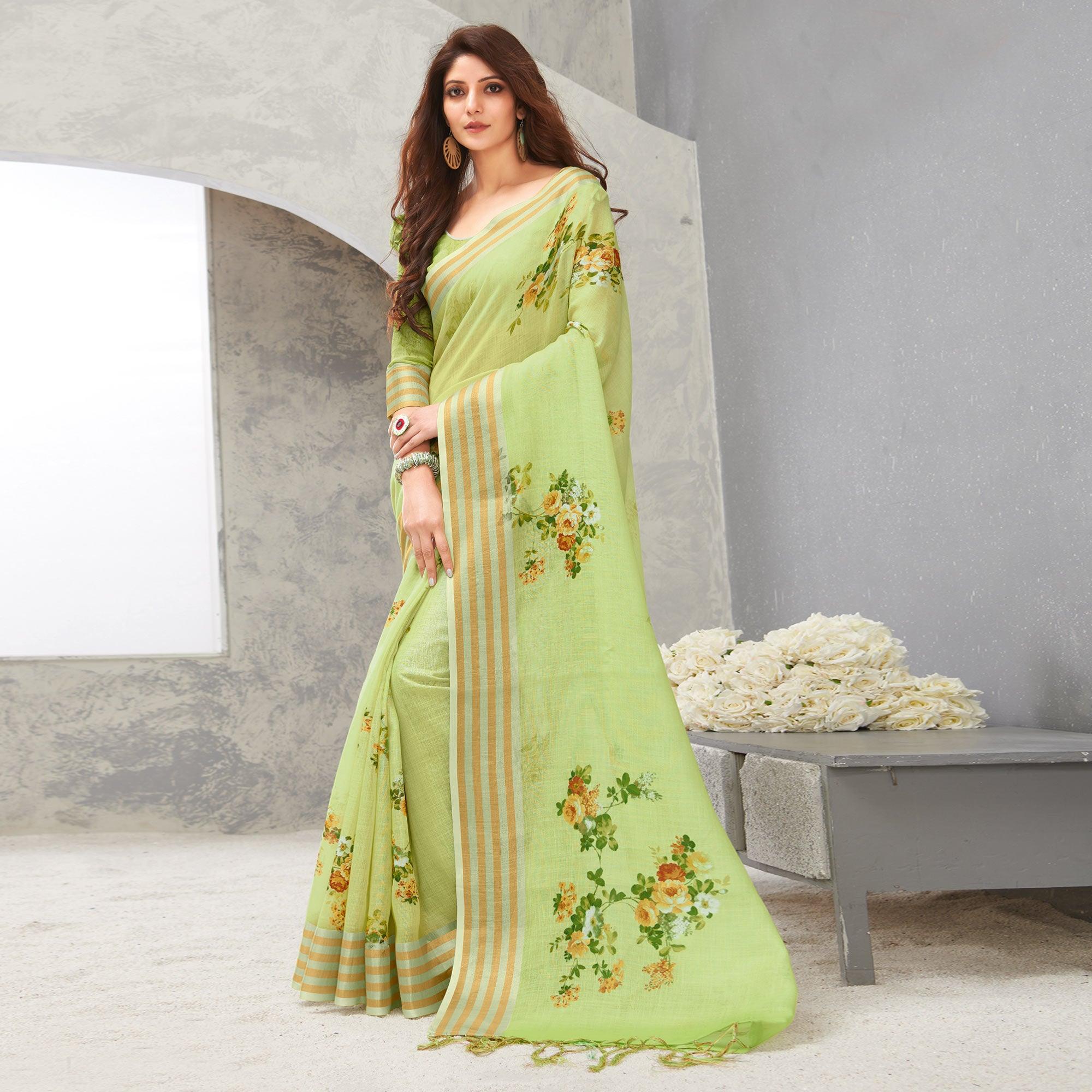 Peachmode Mint Green Casual Wear Digital Printed Pure Linen Saree