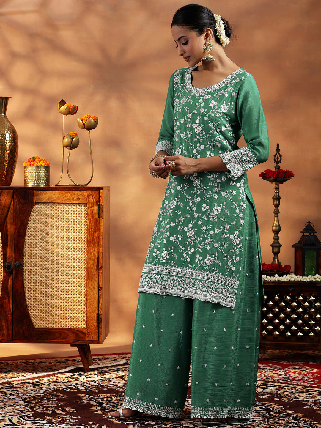 Libas Green Embroidered Silk Blend Straight Suit With Dupatta - view 2