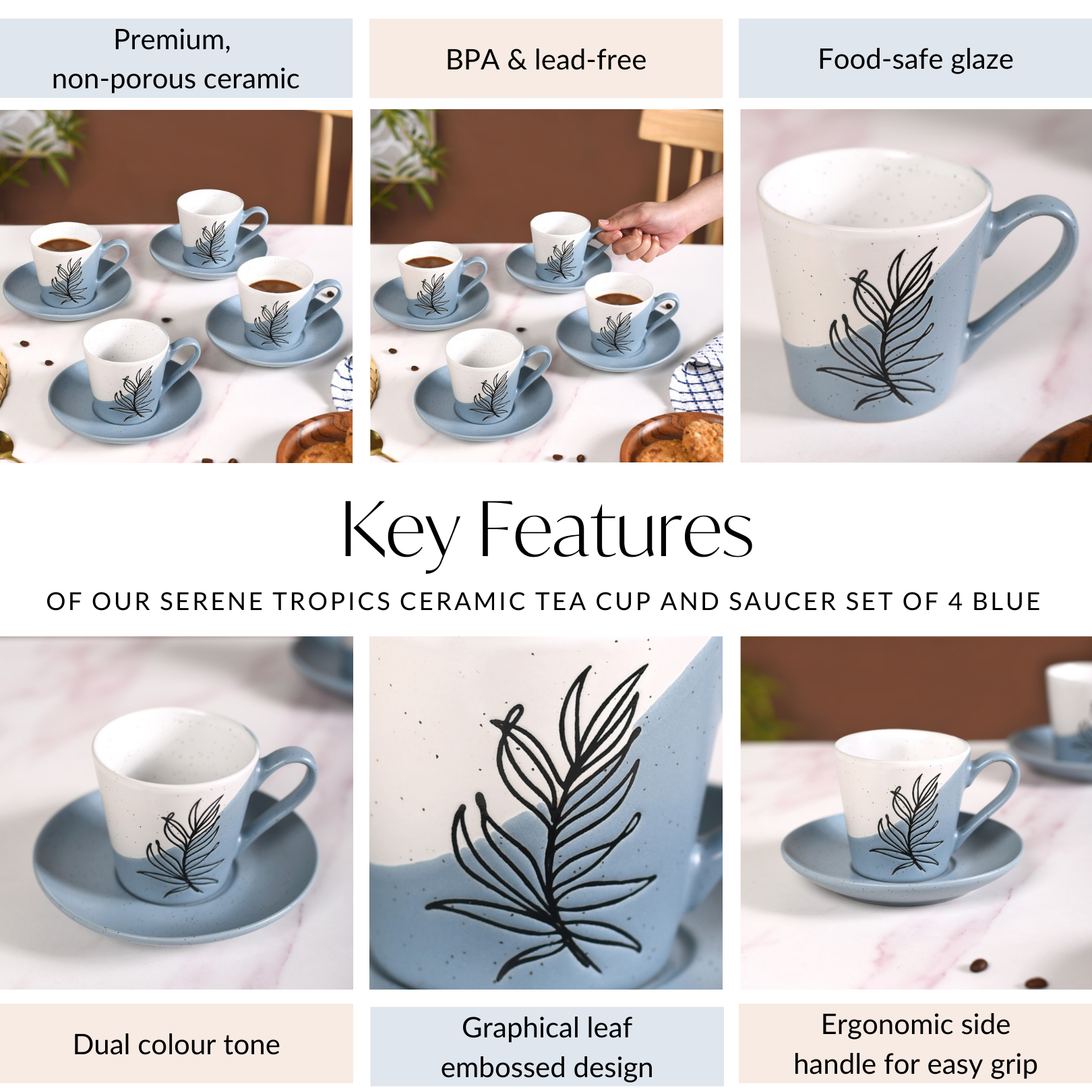 Nestasia Serene Tropics Ceramic Tea Cup And Saucer Set Of 4 Blue 225ml - view 5