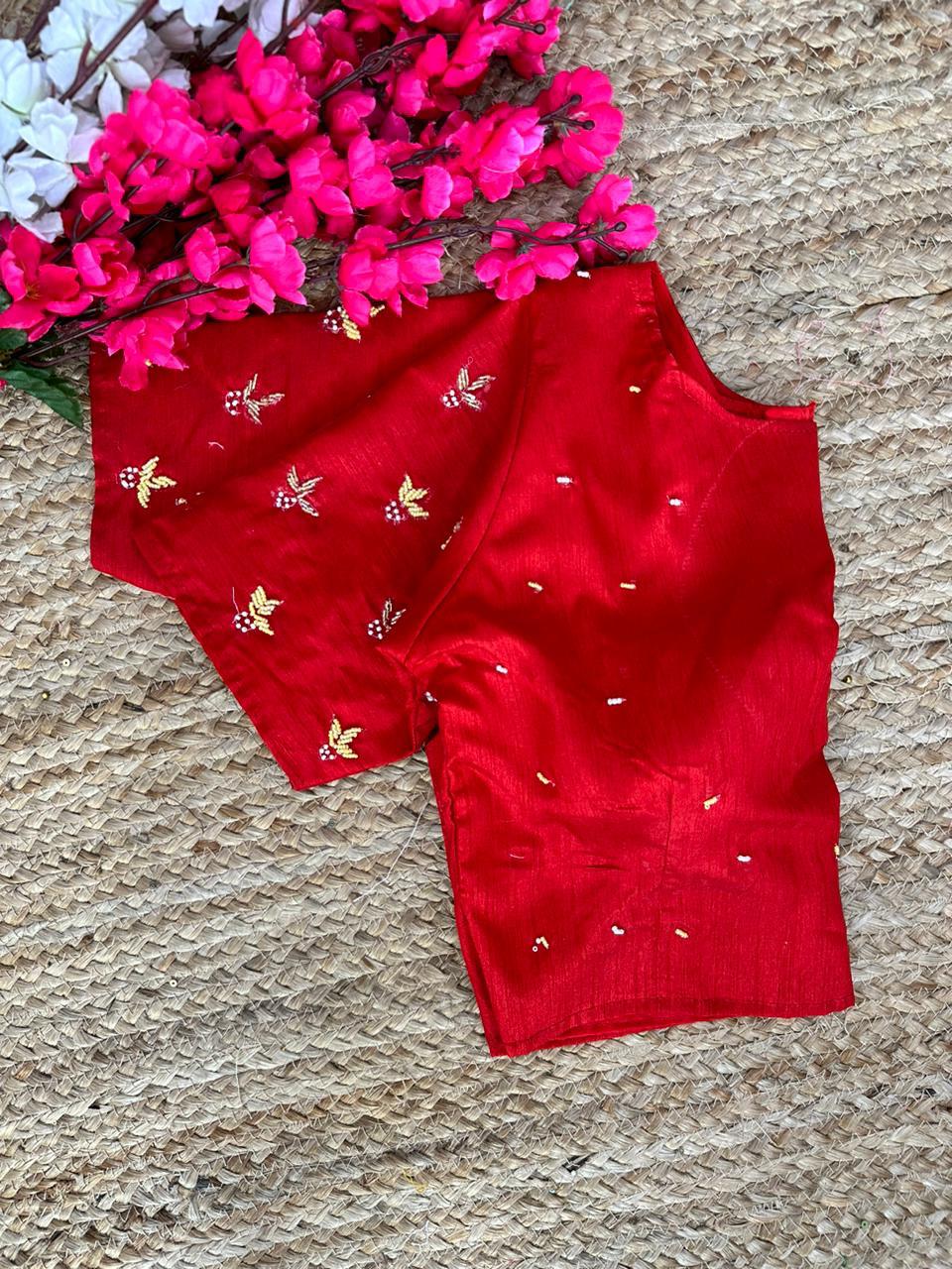 ClothsVilla Red Pearl-Embellished german silk Blouse with Handcrafted Golden Work - view 3