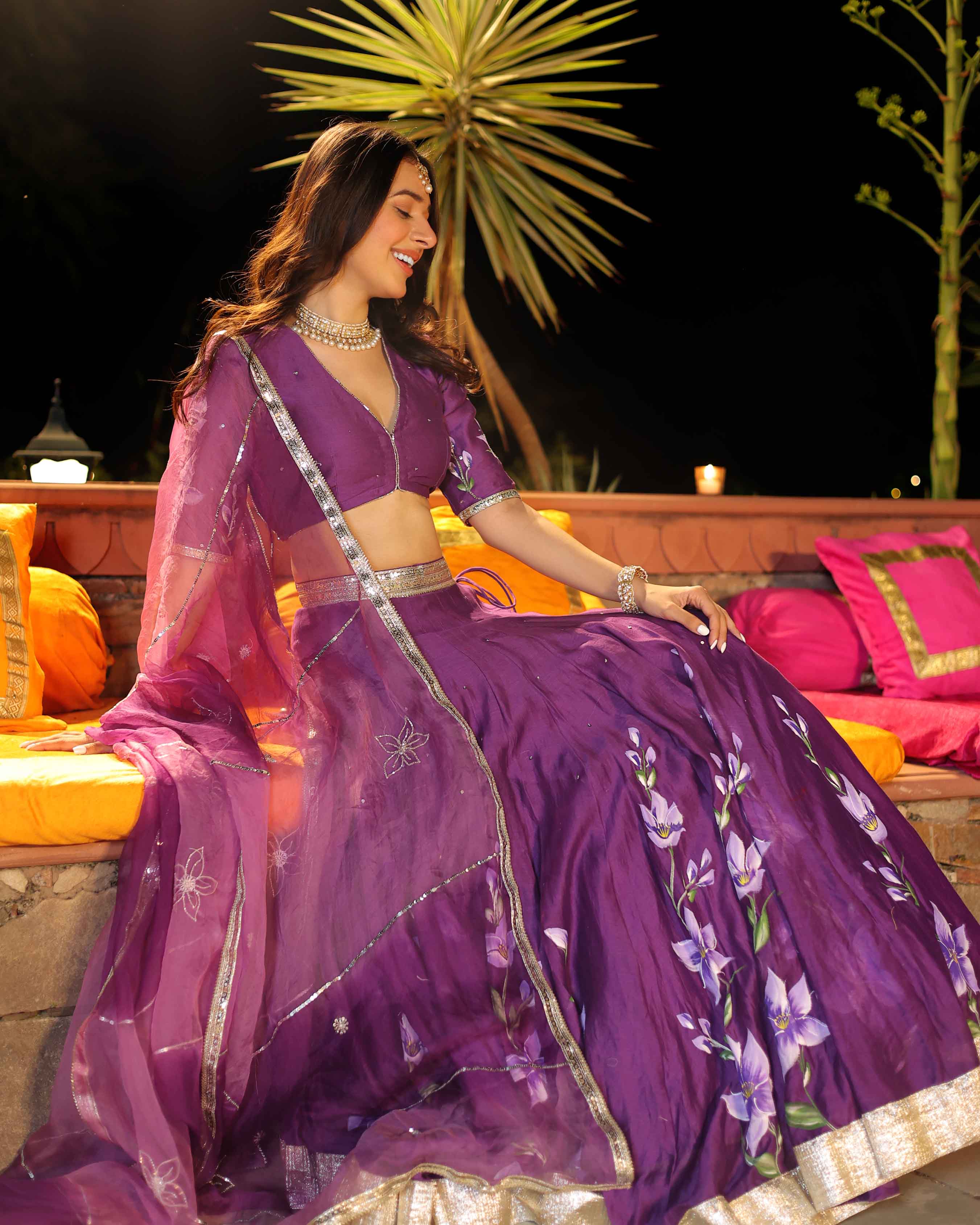 Aachho Purple Whisper Handpainted Chanderi Lehenga Set - view 3