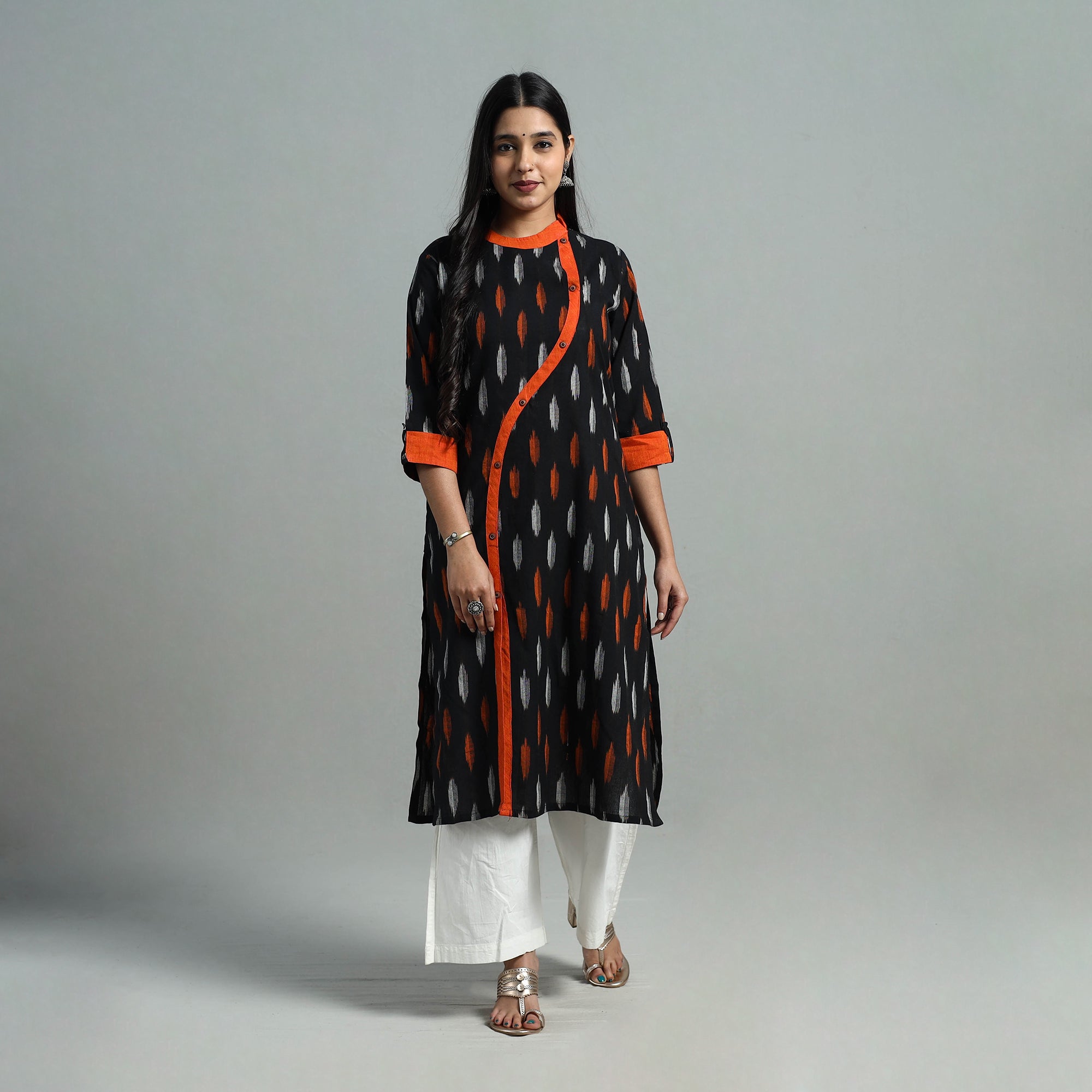 DARAM Black - Angrakha Cotton Straight Pochampally Ikat Kurta 13 - view 3