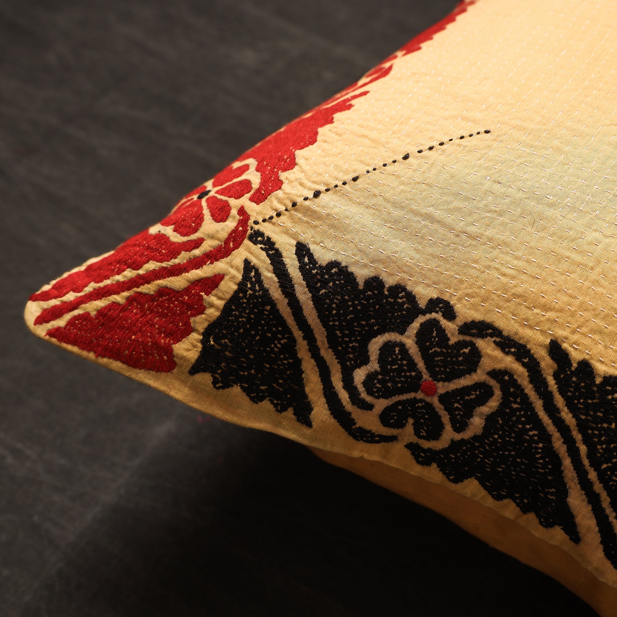 KHUSHBASH - HAPPY LOOM OF EAST Beige - Bengal Kantha Embroidery Cotton Cushion Cover (16 x 16 in) 15 - view 2