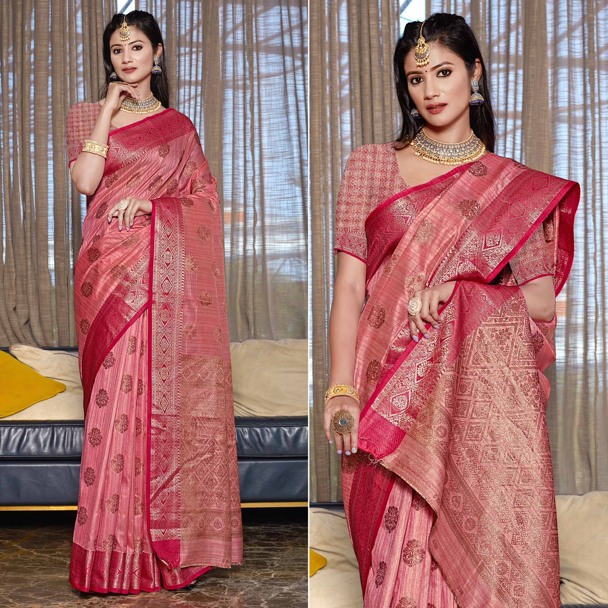 Peachmode Gajari Pink Floral Woven Cotton Blend Saree