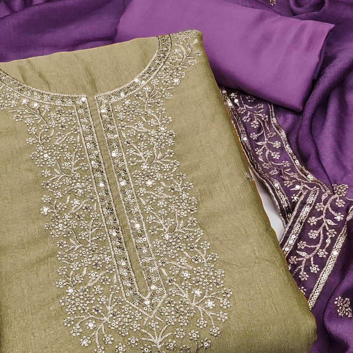Peachmode Beige Floral Sequins Embroidered Vichitra Silk Dress Material - view 2