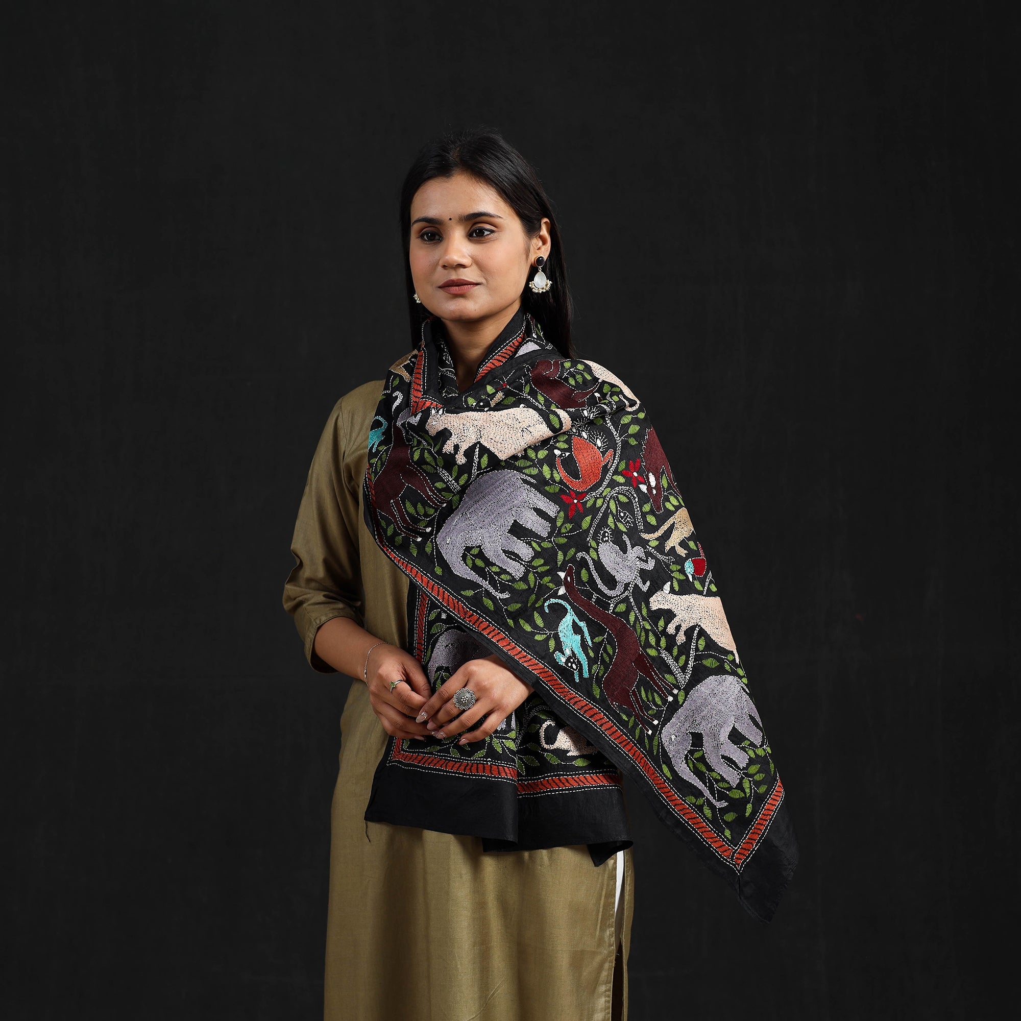 KHUSHBASH - HAPPY LOOM OF EAST Black - Handloom Silk Bengal Kantha Work Stole 33