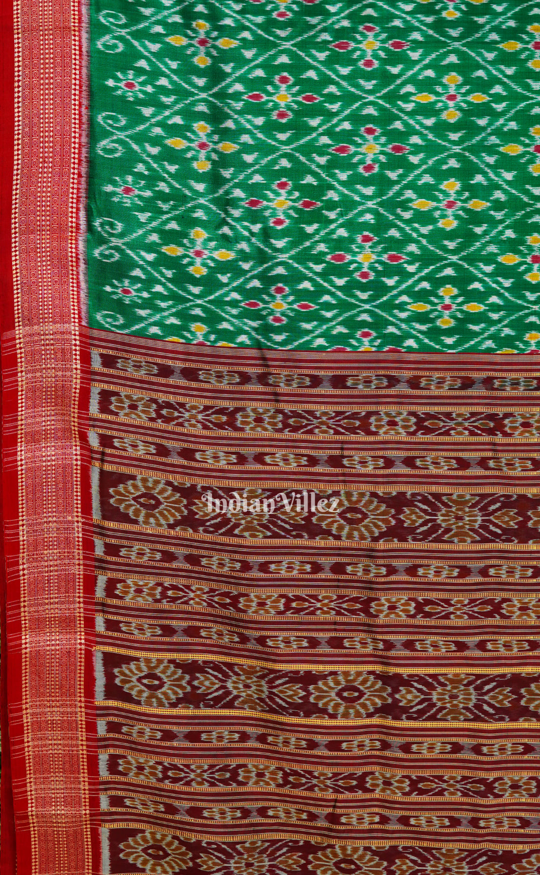 IndianVillèz Dark Green Flower Motif Odisha Ikat Khandua Silk Saree - view 3
