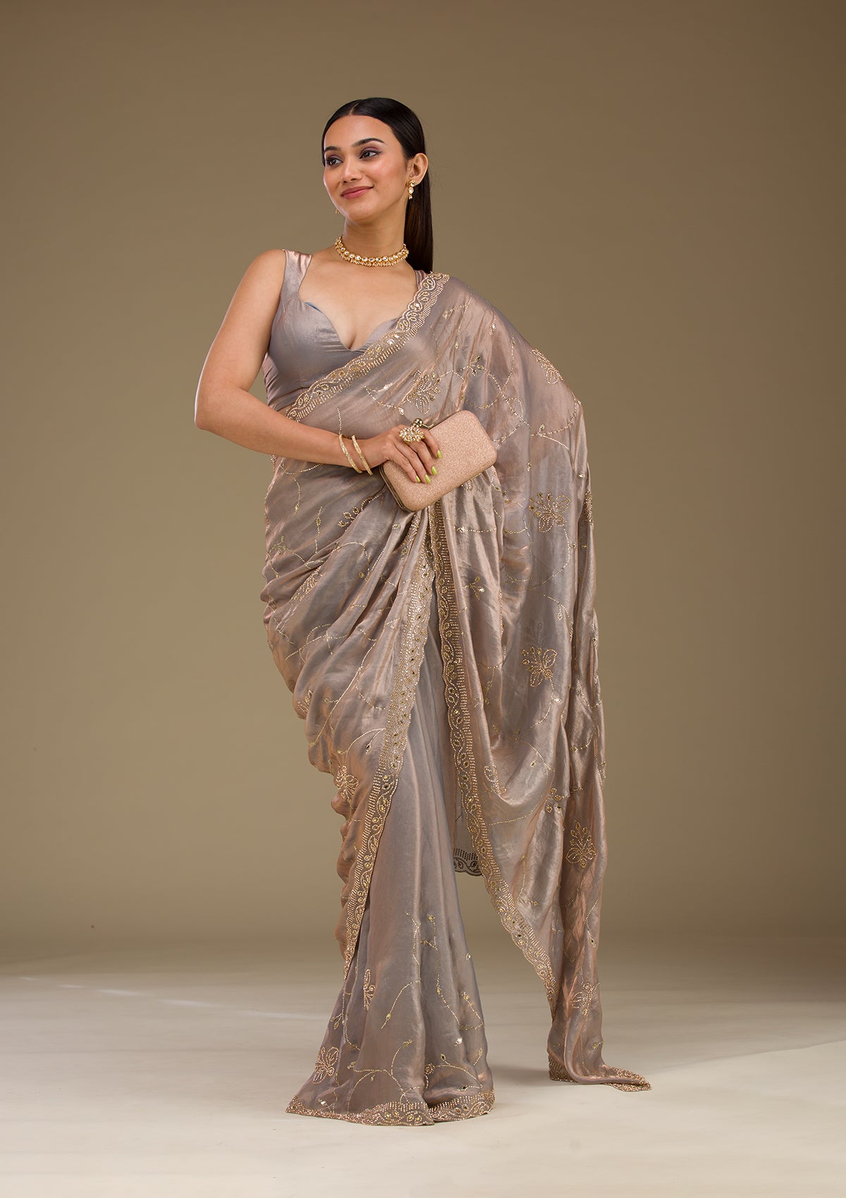 Koskii Grey Stonework Tissue Saree – Women's