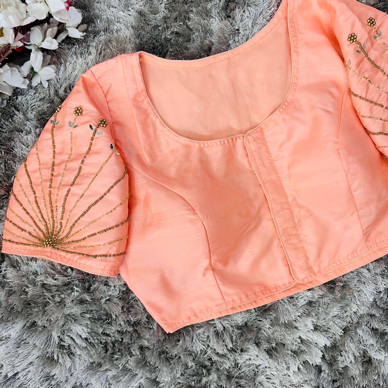 ClothsVilla Orange Handcrafted tumtum silk Golden Blouse with Ambla Mirror Accents - view 5