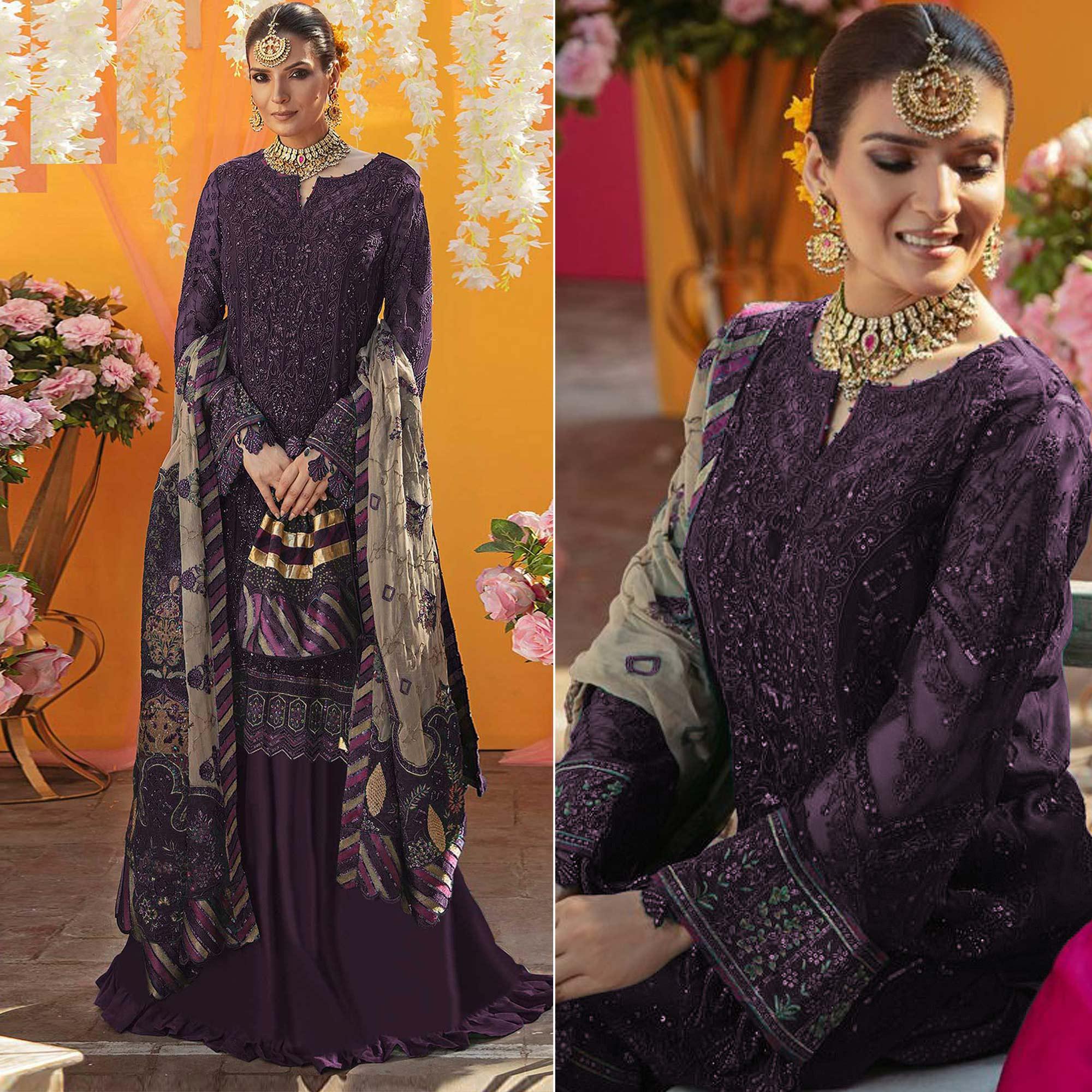 Peachmode Dark Purple Embroidered Georgette Suit