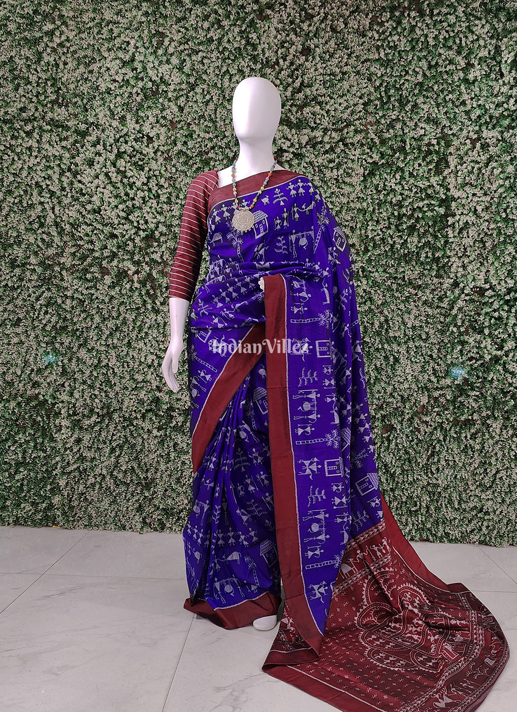 IndianVillèz Blue Village Tribal Theme Contemporary Odisha Handloom Silk Saree