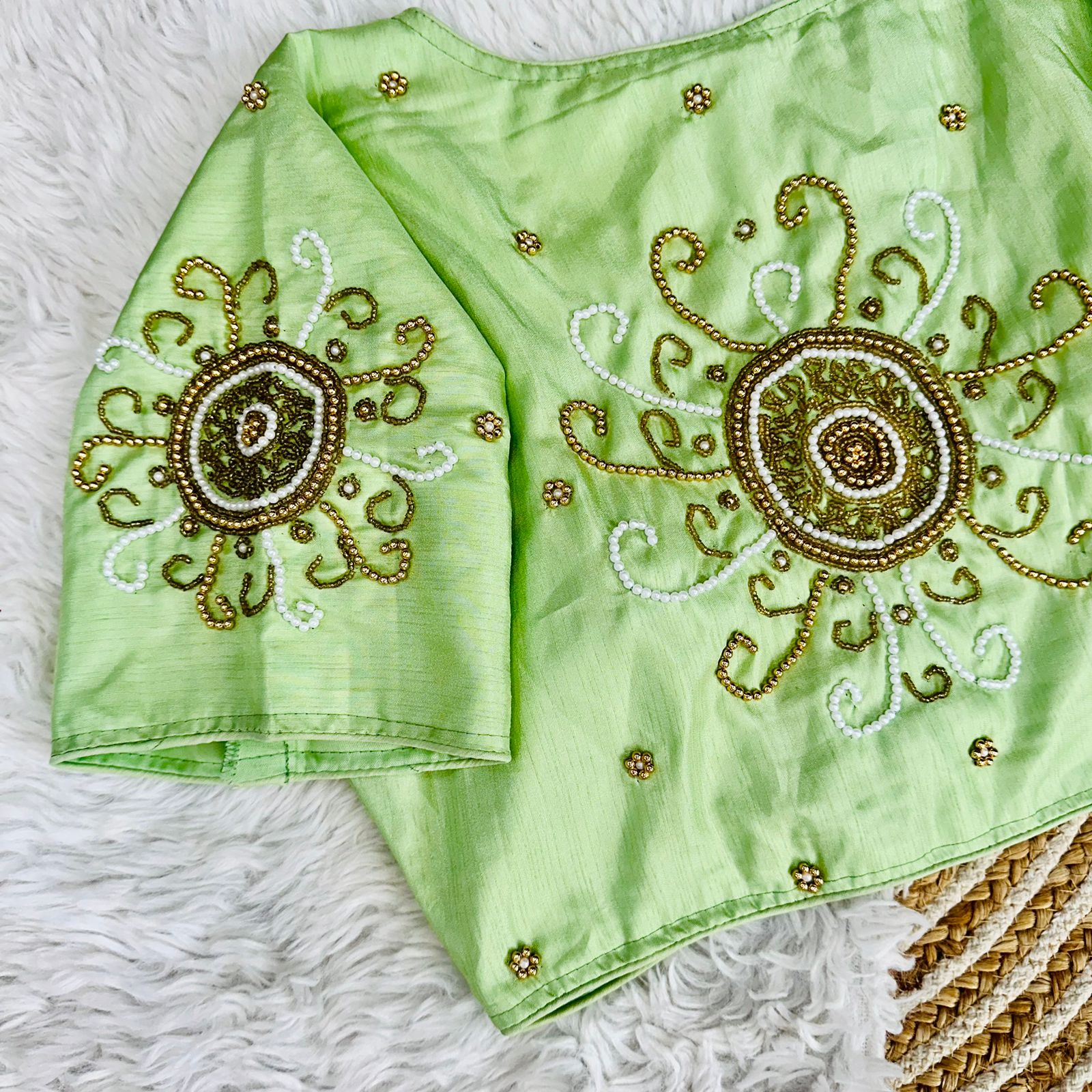 ClothsVilla Mint Green Golden Handcrafted Makhana Silk Blouse with White Pearl Accents - view 3