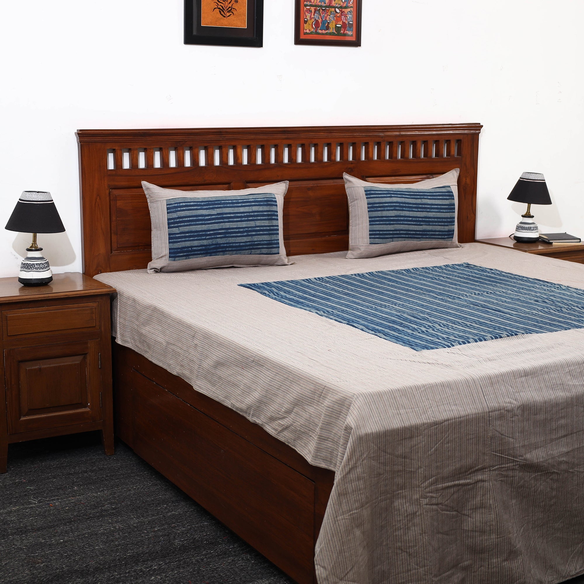 NOORI BAZAR Beige - Plain Cotton Double Bed Cover with Block Print Patchwork (94 x 89 In)
