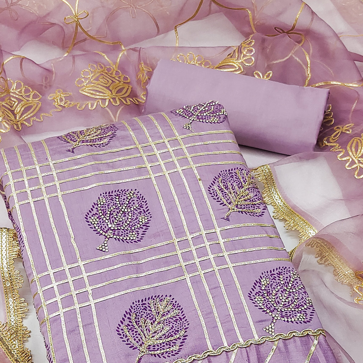 Peachmode Lavender Printed With Gota Patti & Stonework Roman Cotton Silk Dress Material - view 2