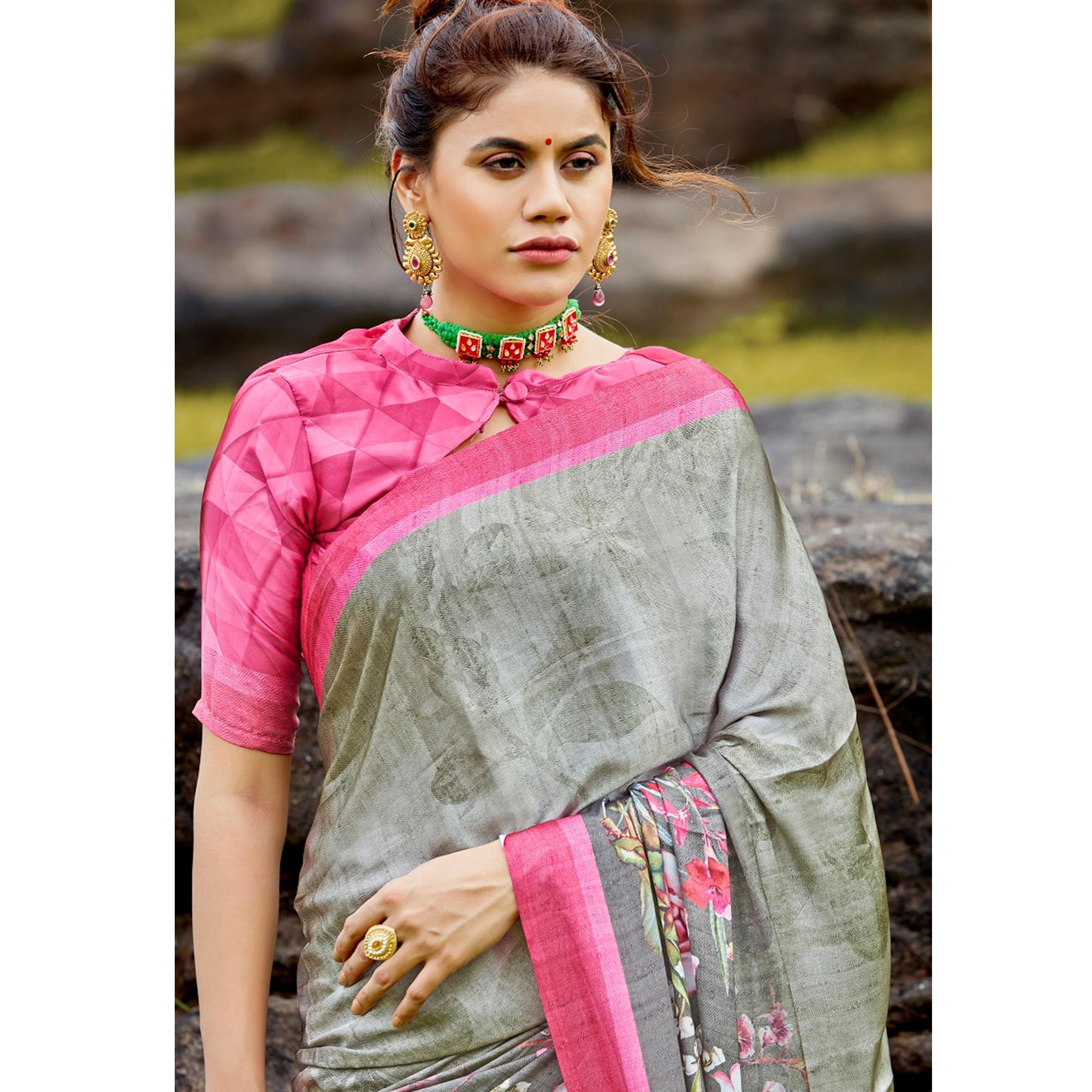 Peachmode Exotic Gray Colored Casual Digital Printed Satin Crepe Saree - view 2