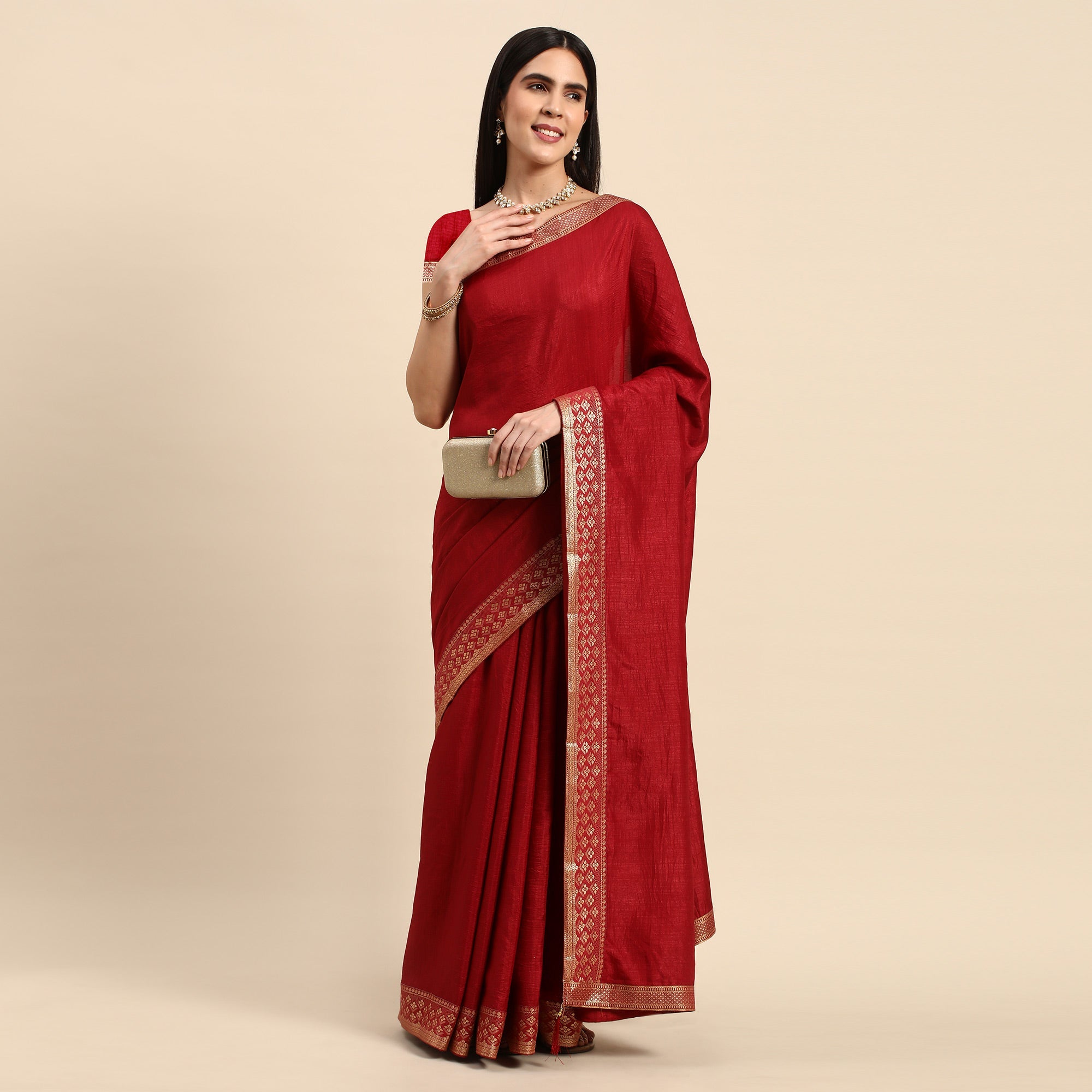 Peachmode Maroon Solid Vichitra Silk Saree With Zari Border - view 2