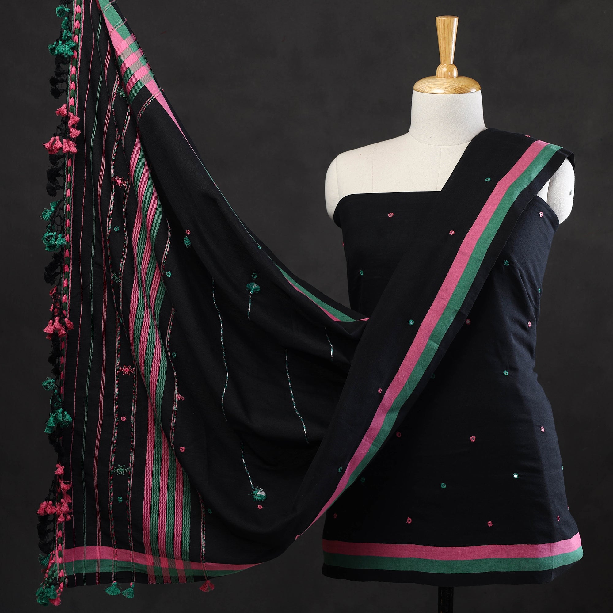 KACHCHH JI CHHAAP Black - 3pc Bhujodi Mirror Work Handloom Cotton Suit Material Set 12