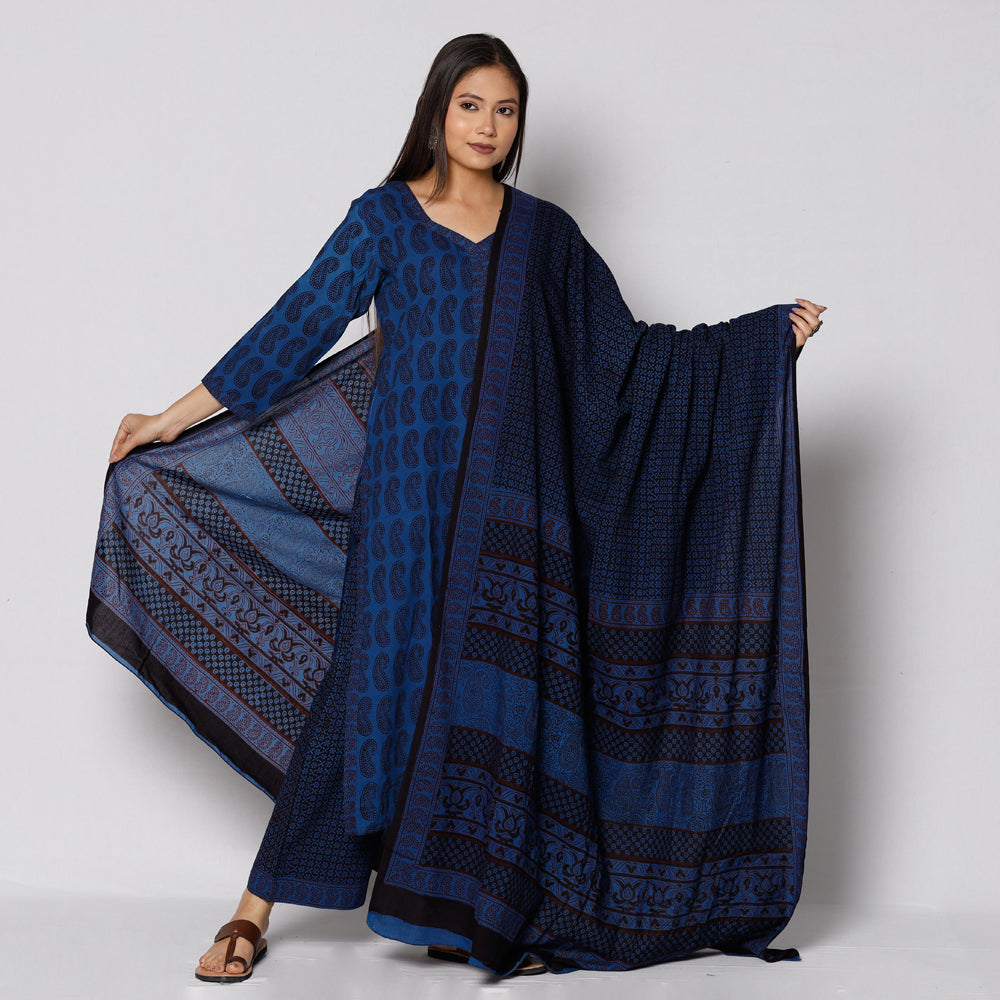 ITOKRI CASUALS Blue - Bagh Block Printing Cotton Kurta with Palazzo & Dupatta Set