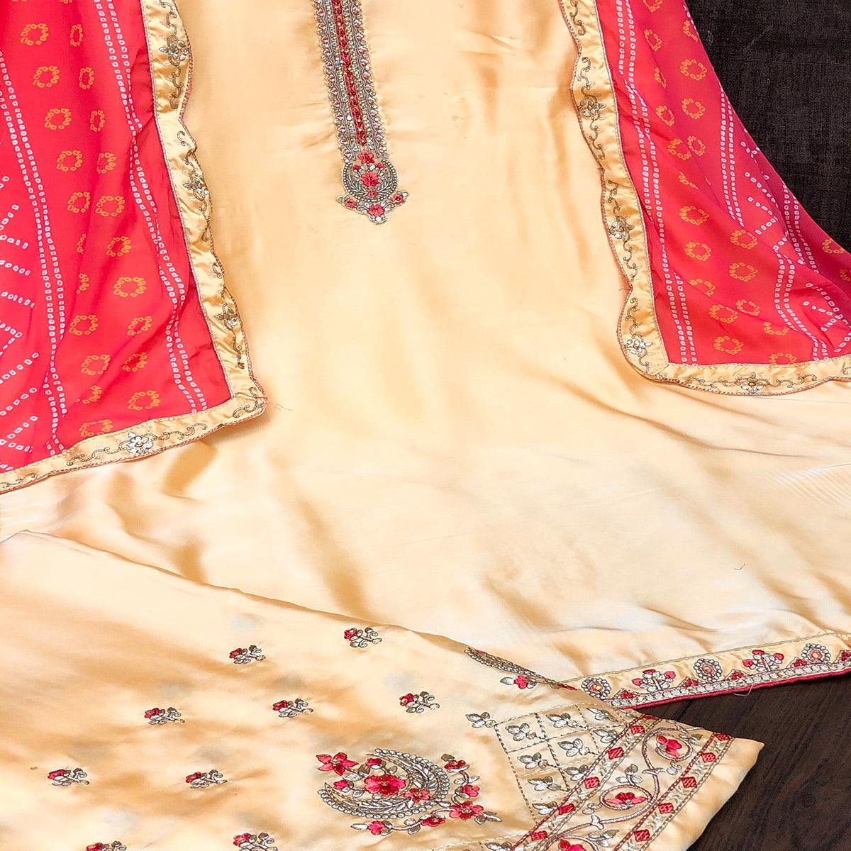 Peachmode Captivating Yellow Colored Partywear Embroidered Muslin Satin Gharara Suit With Palazzo - view 2