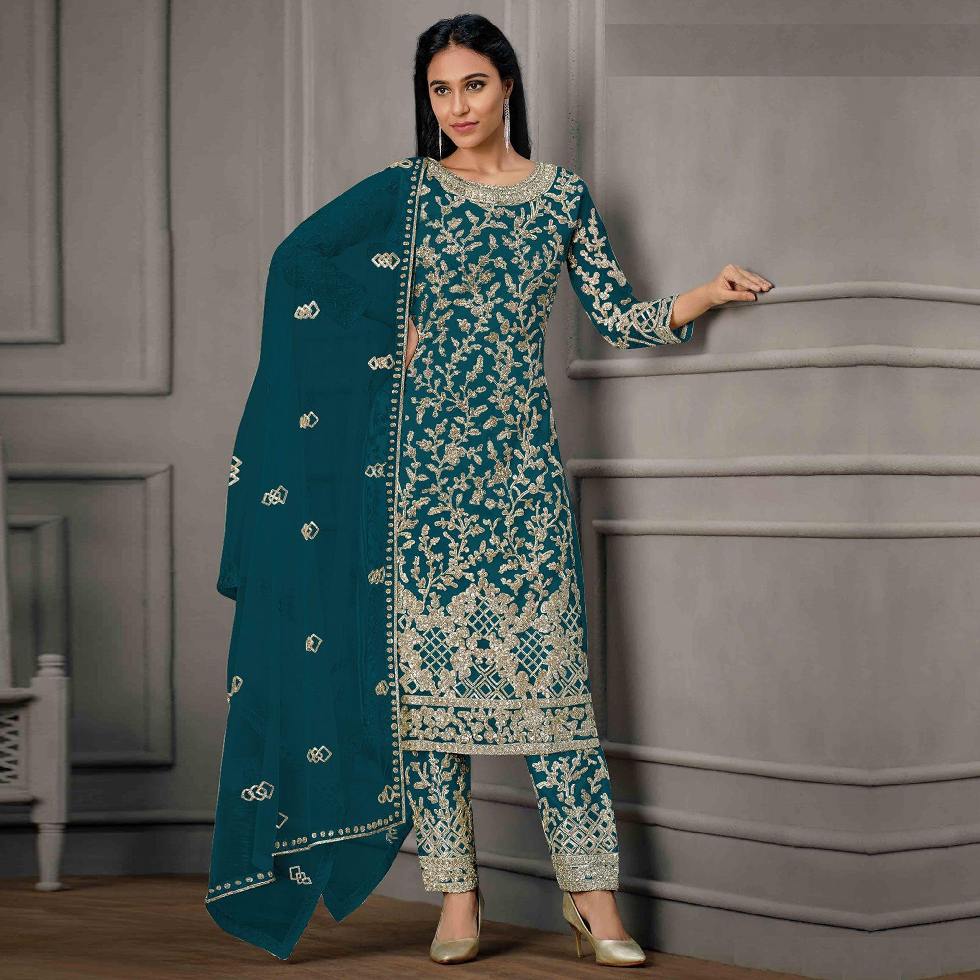 Peachmode Blue Sequins Floral Embroidered Net Salwar Suit - view 2