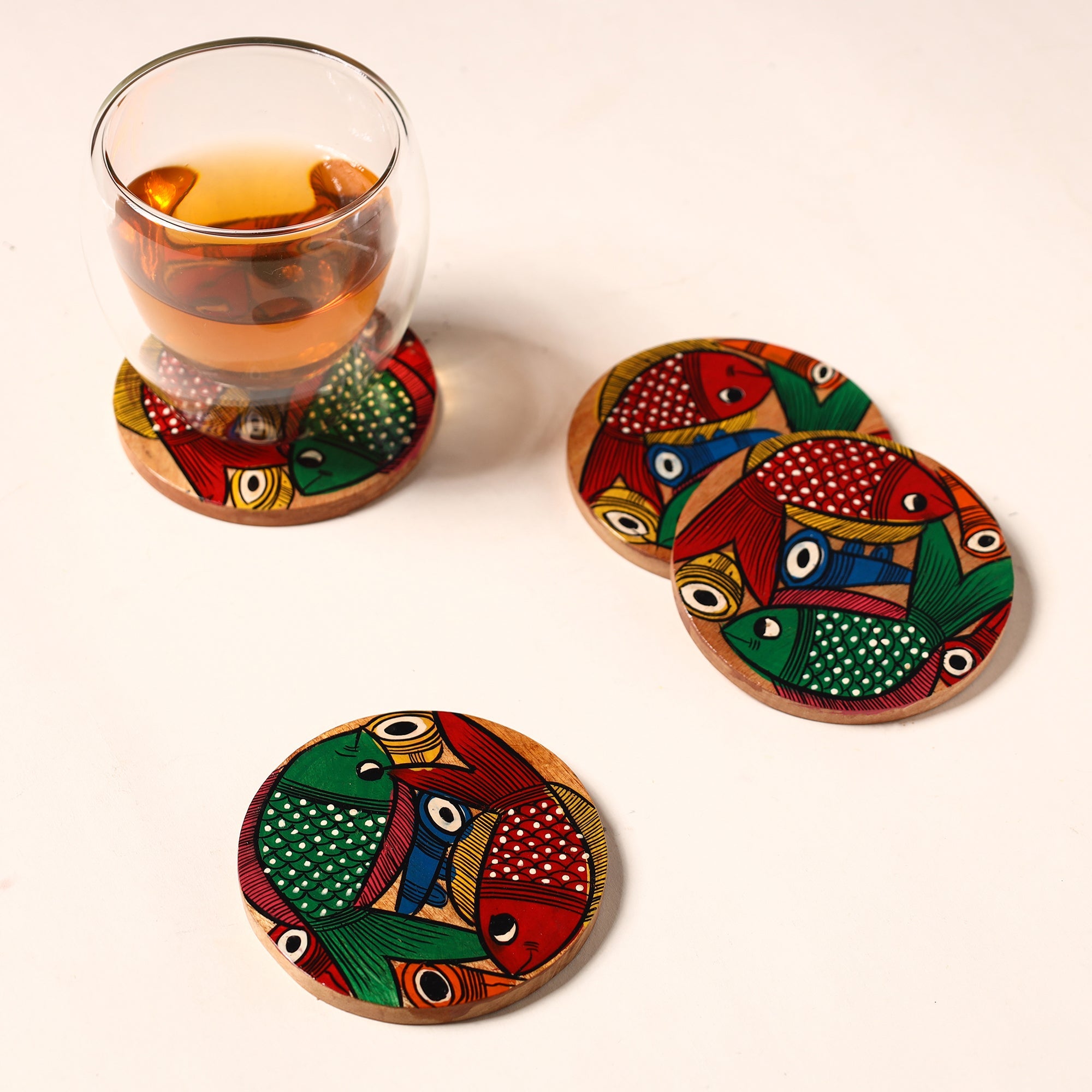 ITOKRI CRAFTS INITIATIVE Bengal Patua Handpainted Akashmoni Wooden Coasters (Set of 4) 37