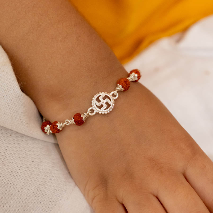 Prinjal Jewellers Rudraksha Silver Bracelet with Om Single Line for Kids - view 3
