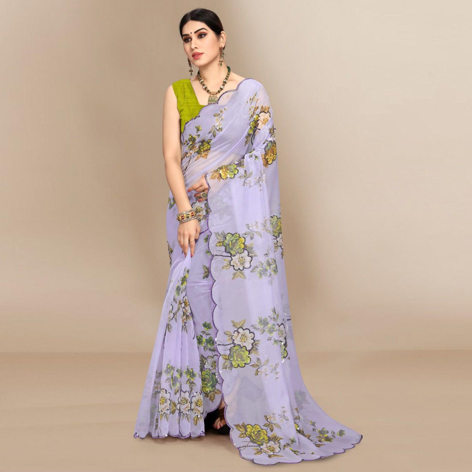 Peachmode Light Violet Partywear Sequins & Printed Organza Saree