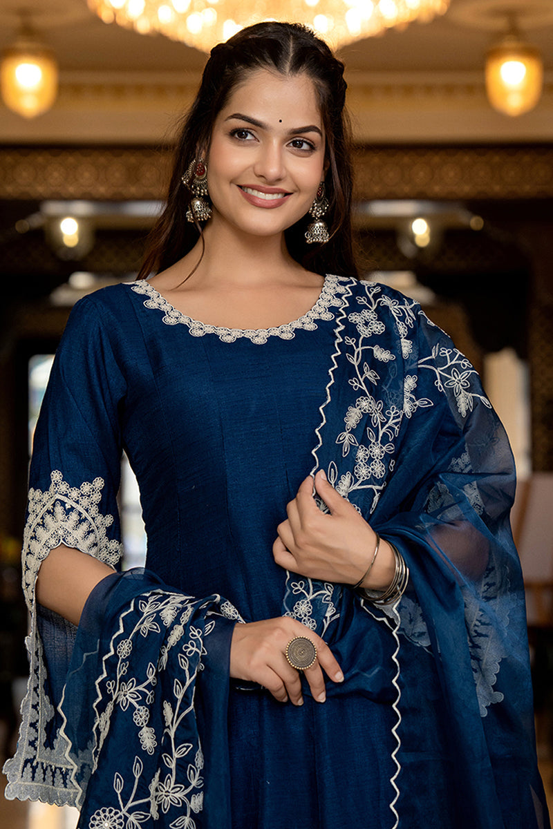 Ahika Blue Silk Blend Solid Embroidered Anarkali Kurta Palazzo With Dupatta PKSKD2397 - view 2