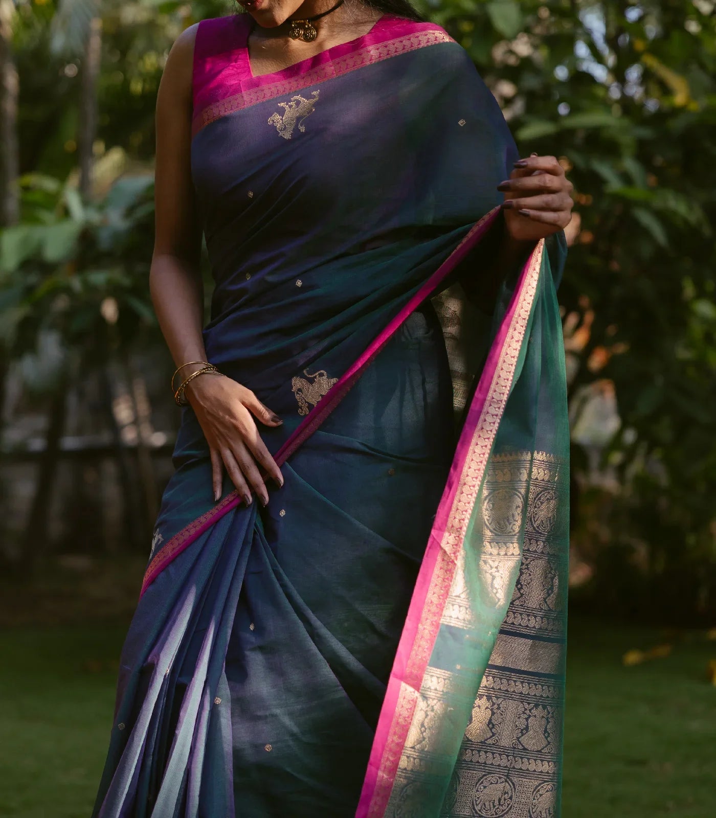 RmKV Teal Handloom Kanchi Cotton Saree With Yazhi Buttas - view 2