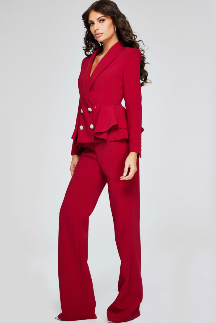 Jovani 39374 Long Pleated Formal Jumpsuit – Cranberry - view 3