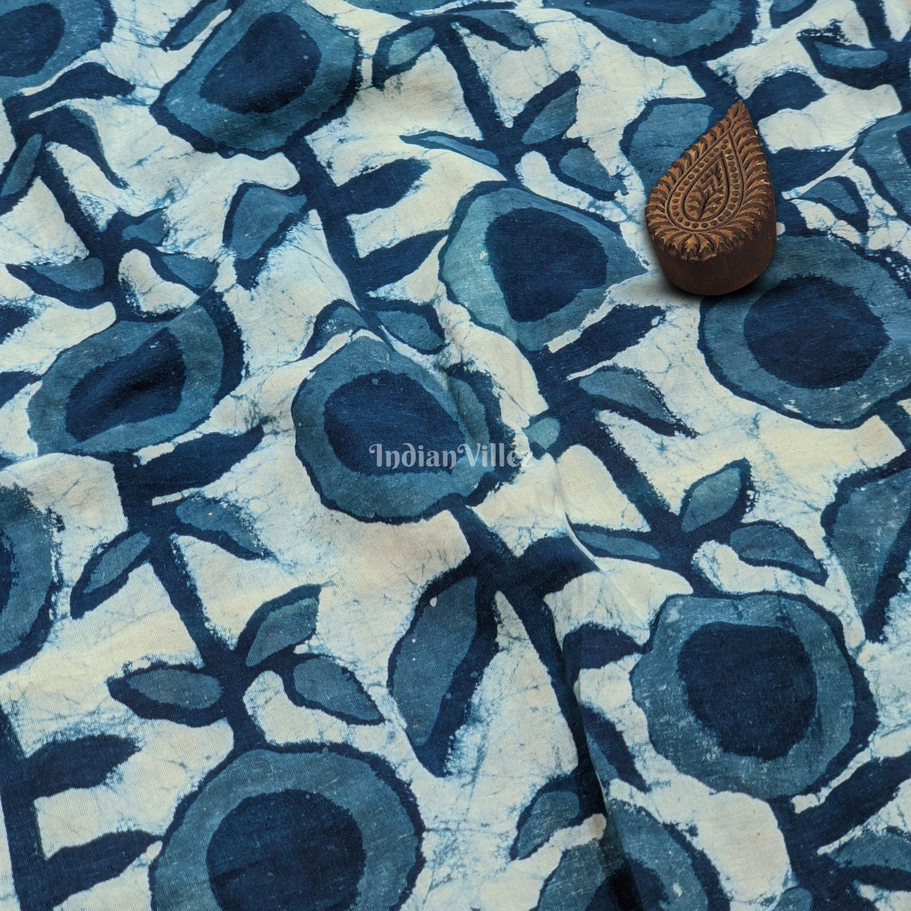 IndianVillèz White Blue Floral Hand Block Printed Cotton Fabric