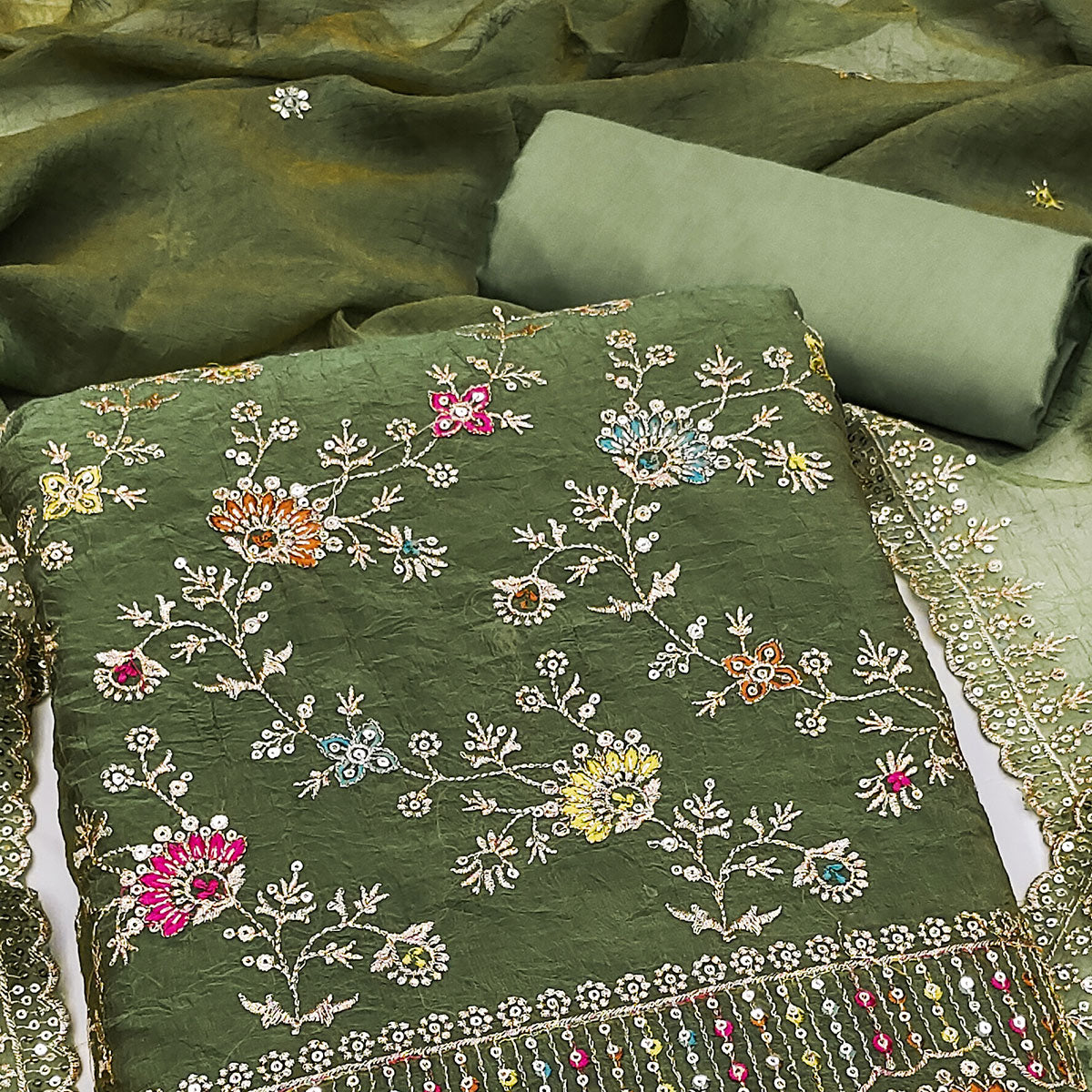 Peachmode Mehendi Green Floral Sequins Embroidered Chiffon Dress Material - view 2