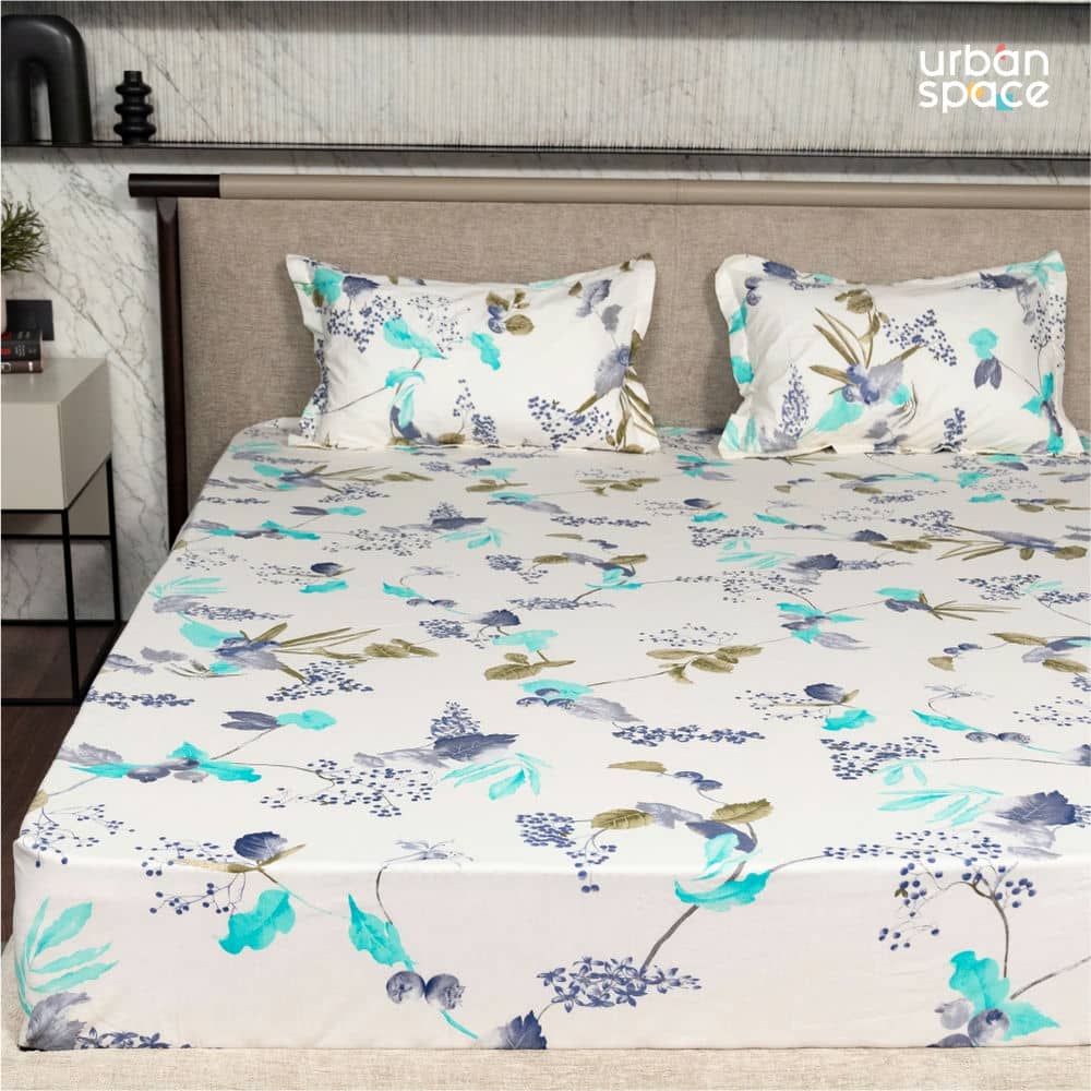 Urban Space -Home Furnishing Store Fitted King Size Cotton Bedsheet - Cherry Blossom- Blue - view 2