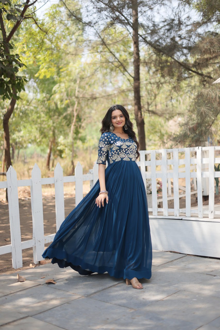 ClothsVilla Tea Blue Luxury Faux Blooming Designer Gown with Zari & Sequins Embroidery - view 2
