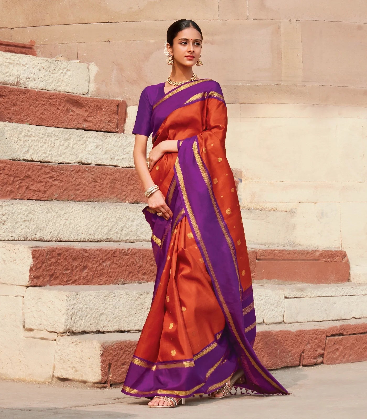 RmKV Orange Handloom Kanchipuram Korvai Silk Saree With Annam Buttas