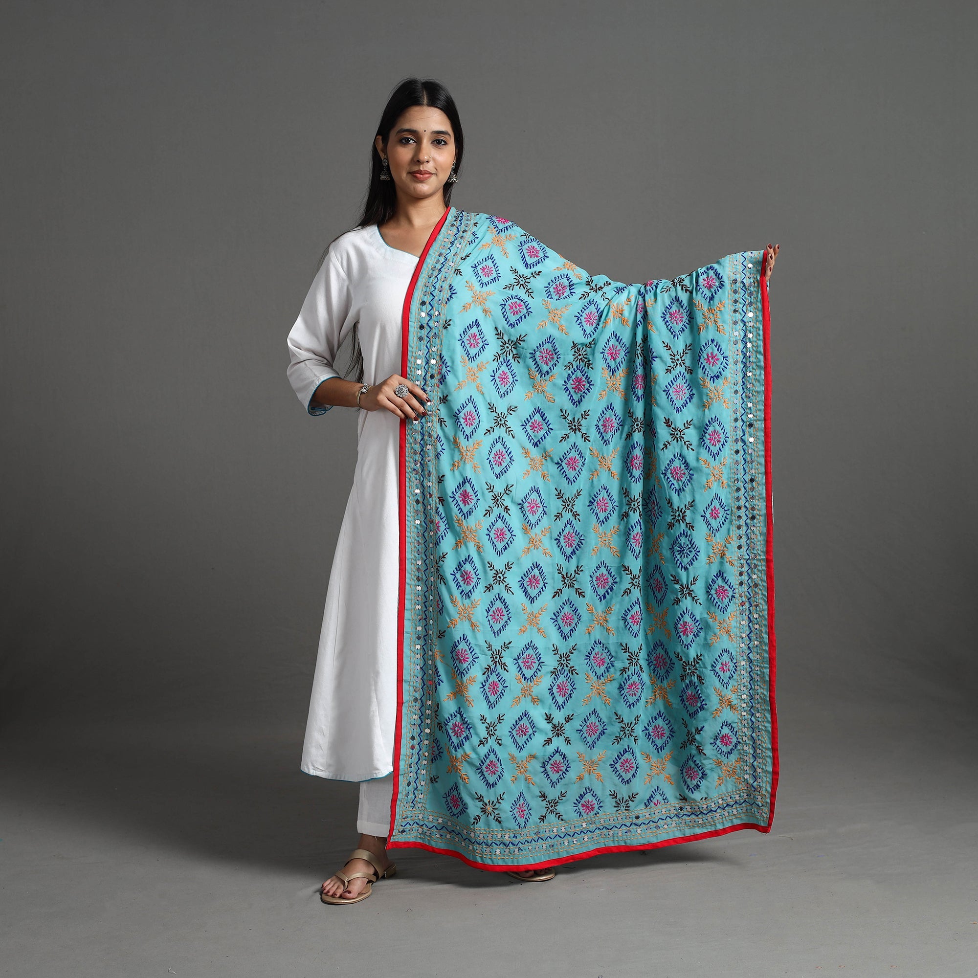 ITOKRI CRAFTS INITIATIVE Blue - Georgette Chapawork Embroidery Phulkari Dupatta 165
