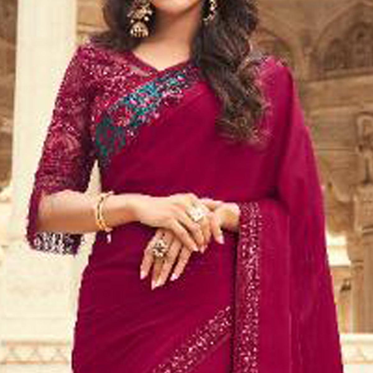 Peachmode Dark Red Floral Sequins Embroidered Art SIlk Saree - view 3