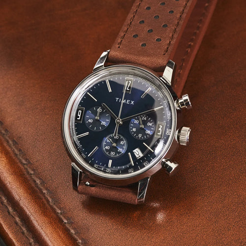 Timex Marlin Men Chronograph Tachymeter Blue Dial Leather Strap Watch 40mm TW2W10200UJ - view 3