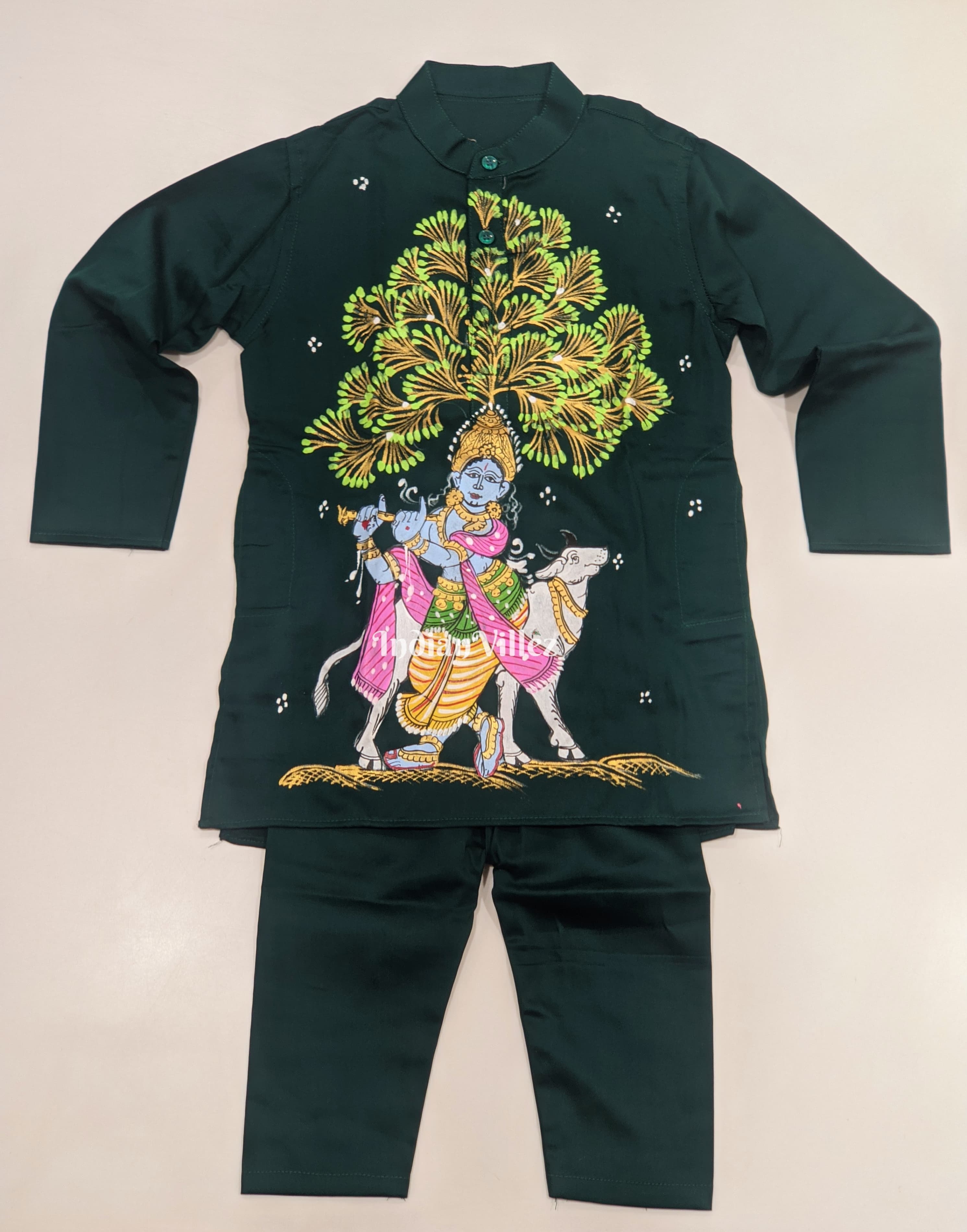 IndianVillèz Green Boys Krishna in Venugopal Theme Pattachitra Kids Kurta & Pyjama Set